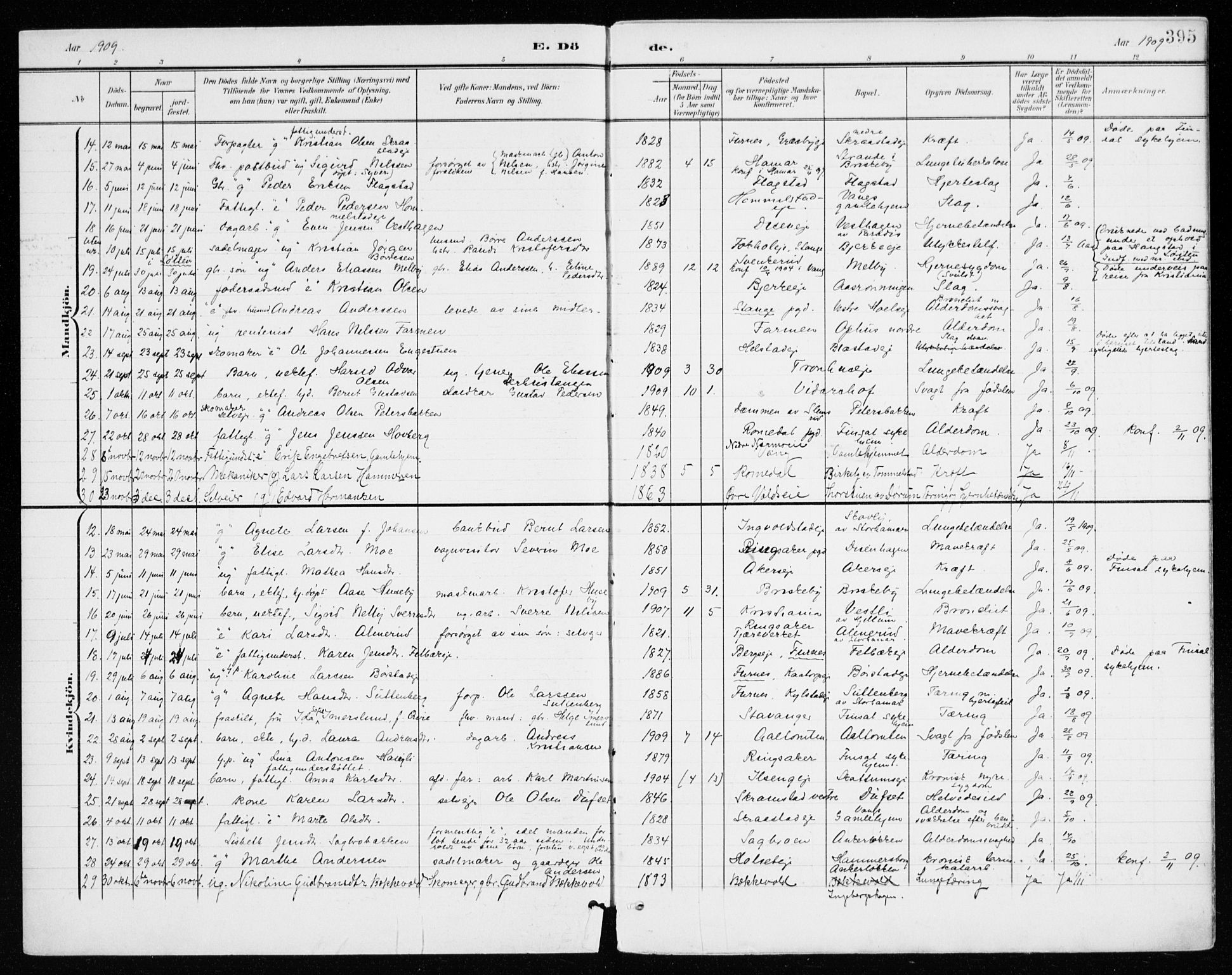 Vang prestekontor, Hedmark, AV/SAH-PREST-008/H/Ha/Haa/L0021: Parish register (official) no. 21, 1902-1917, p. 395