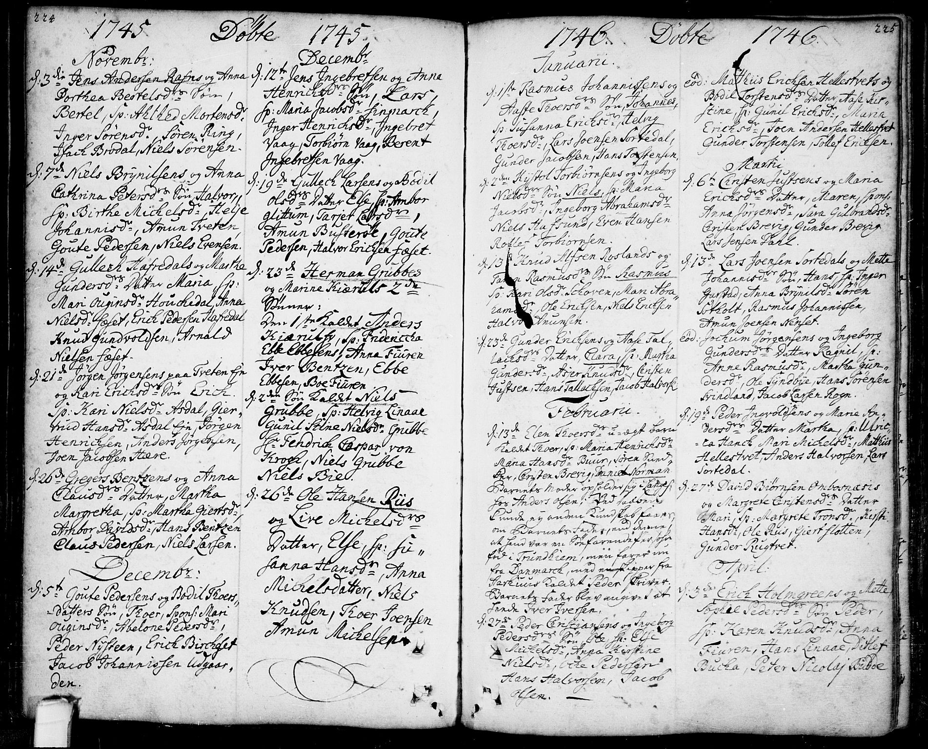 Bamble kirkebøker, SAKO/A-253/F/Fa/L0001: Parish register (official) no. I 1, 1702-1774, p. 224-225