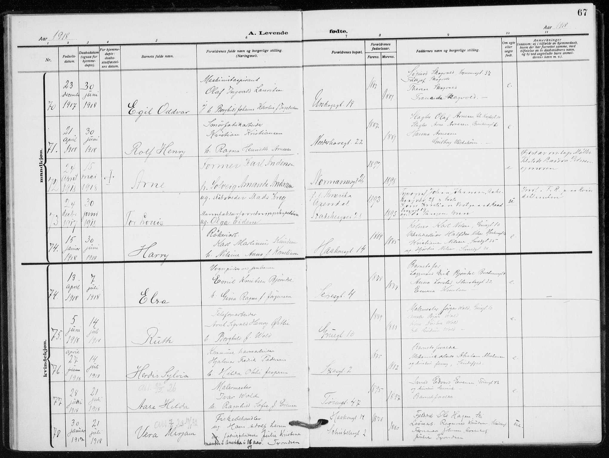Kampen prestekontor Kirkebøker, SAO/A-10853/F/Fa/L0012: Parish register (official) no. I 12, 1916-1921, p. 67
