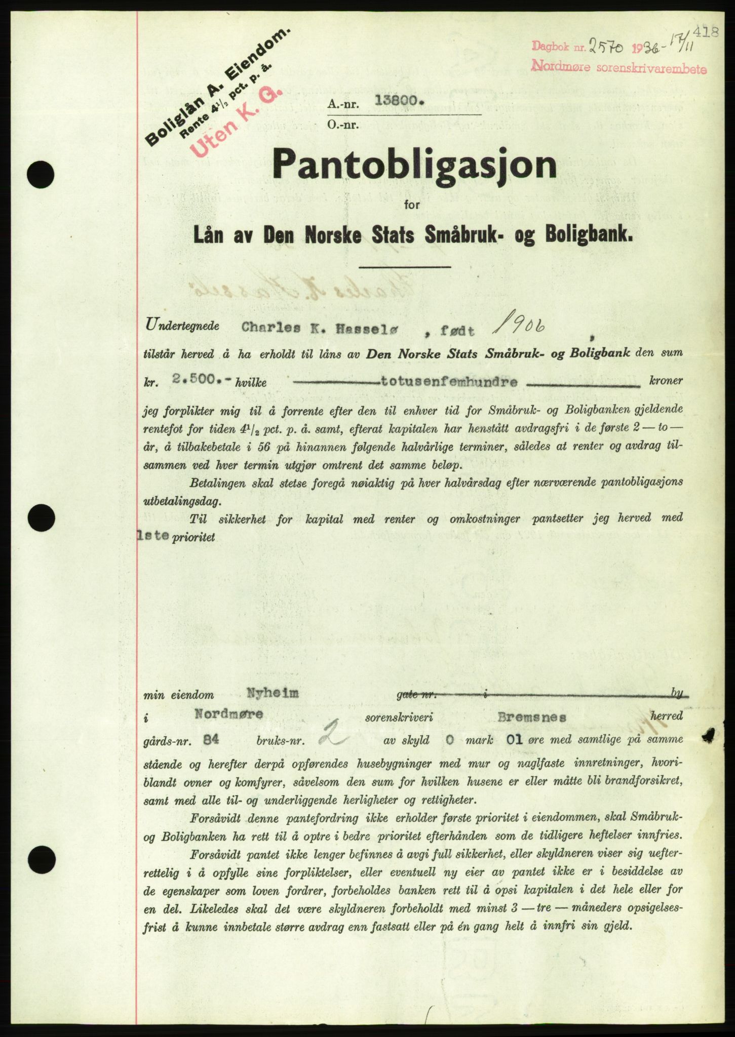 Nordmøre sorenskriveri, AV/SAT-A-4132/1/2/2Ca/L0090: Mortgage book no. B80, 1936-1937, Diary no: : 2570/1936