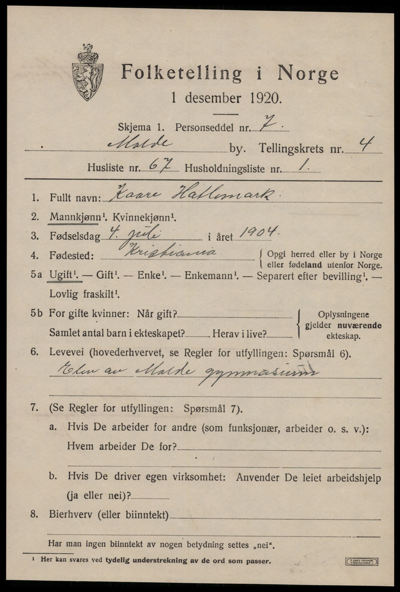 SAT, 1920 census for Molde, 1920, p. 6271