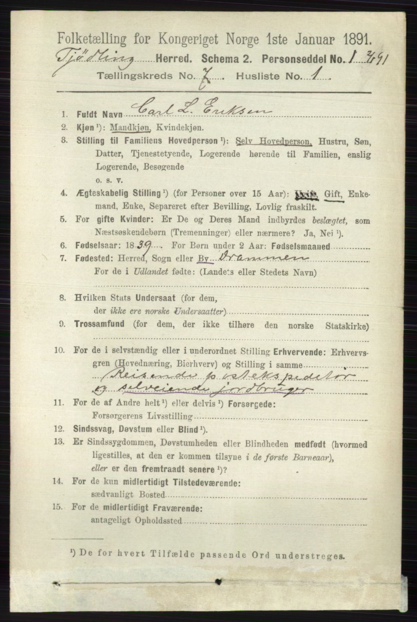 RA, 1891 census for 0725 Tjølling, 1891, p. 3667