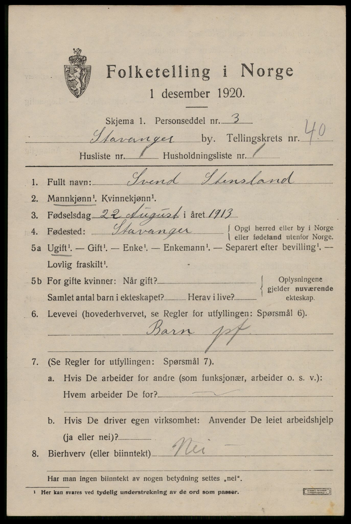 SAST, 1920 census for Stavanger, 1920, p. 102200