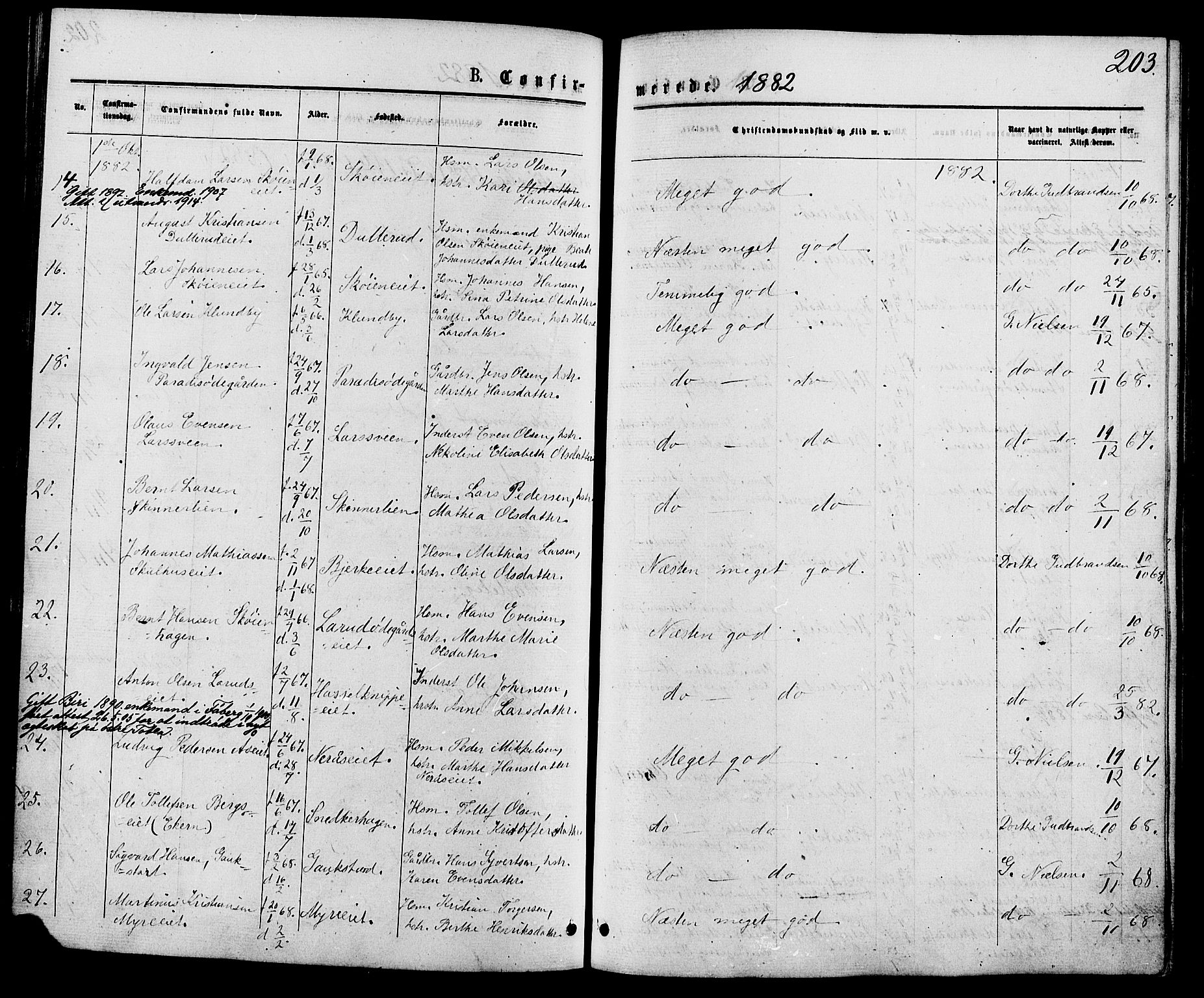 Biri prestekontor, SAH/PREST-096/H/Ha/Haa/L0006: Parish register (official) no. 6, 1877-1886, p. 203