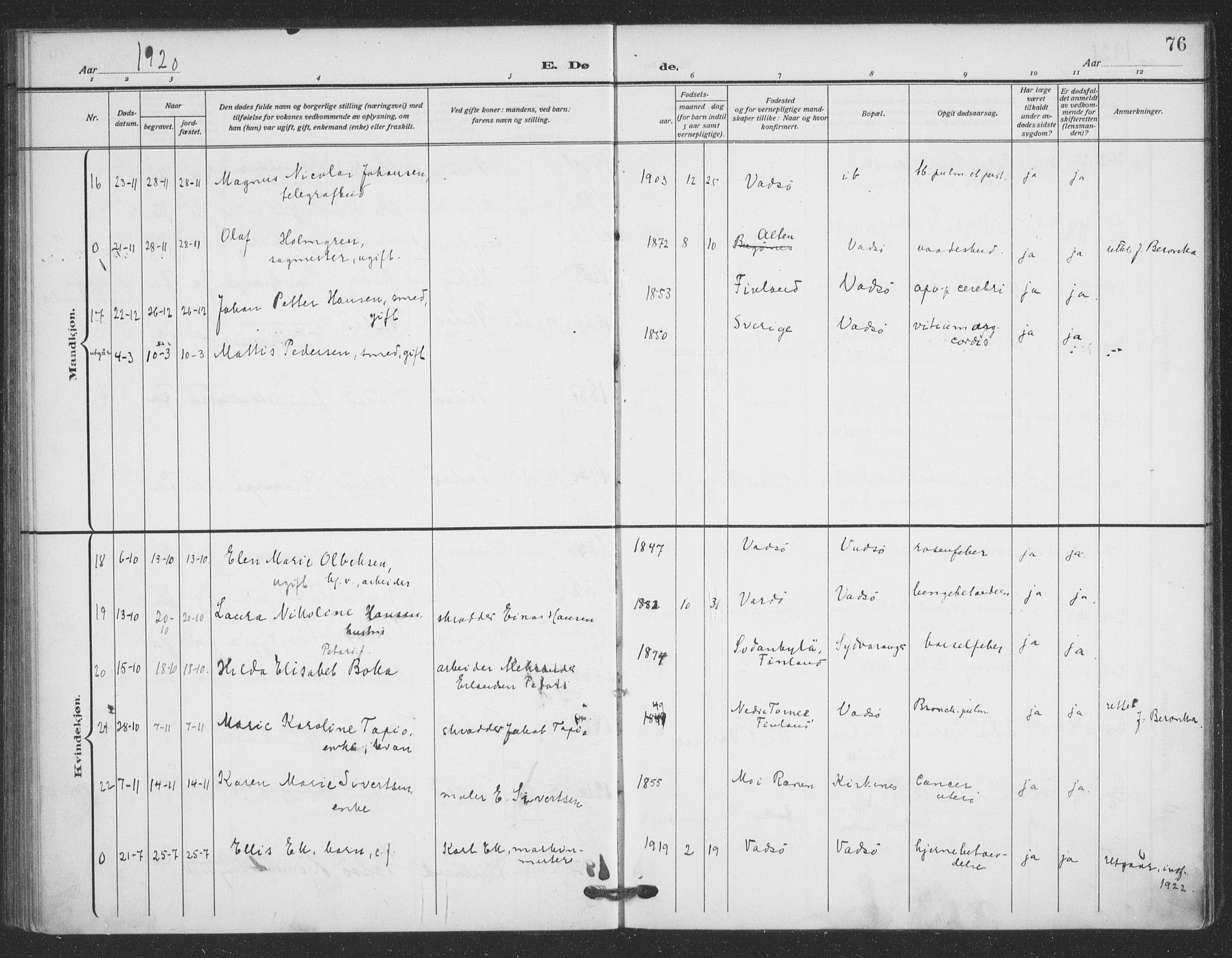 Vadsø sokneprestkontor, SATØ/S-1325/H/Ha/L0008kirke: Parish register (official) no. 8, 1912-1930, p. 76