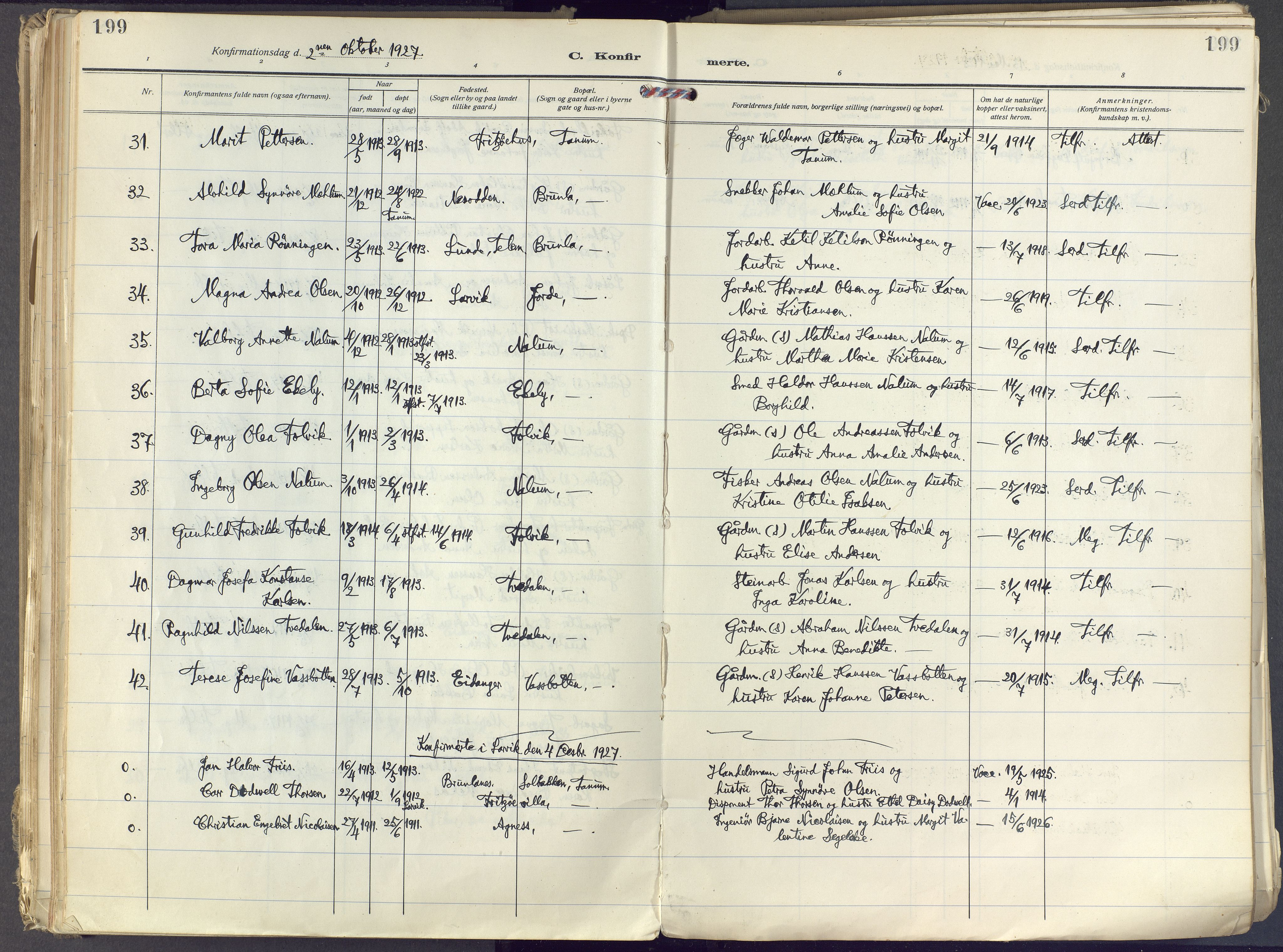 Brunlanes kirkebøker, AV/SAKO-A-342/F/Fc/L0004: Parish register (official) no. III 4, 1923-1943, p. 199