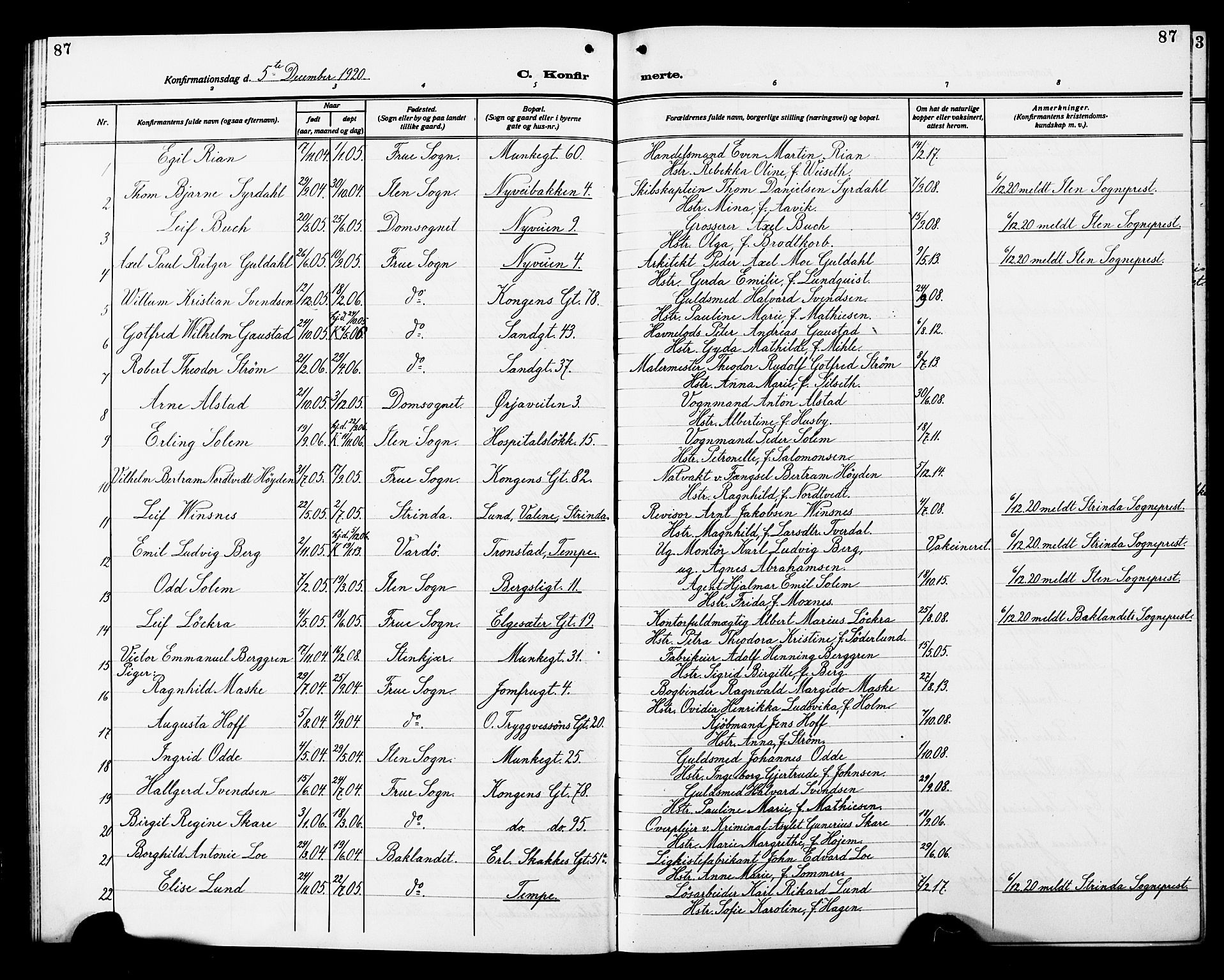 Ministerialprotokoller, klokkerbøker og fødselsregistre - Sør-Trøndelag, SAT/A-1456/602/L0147: Parish register (copy) no. 602C15, 1911-1924, p. 87