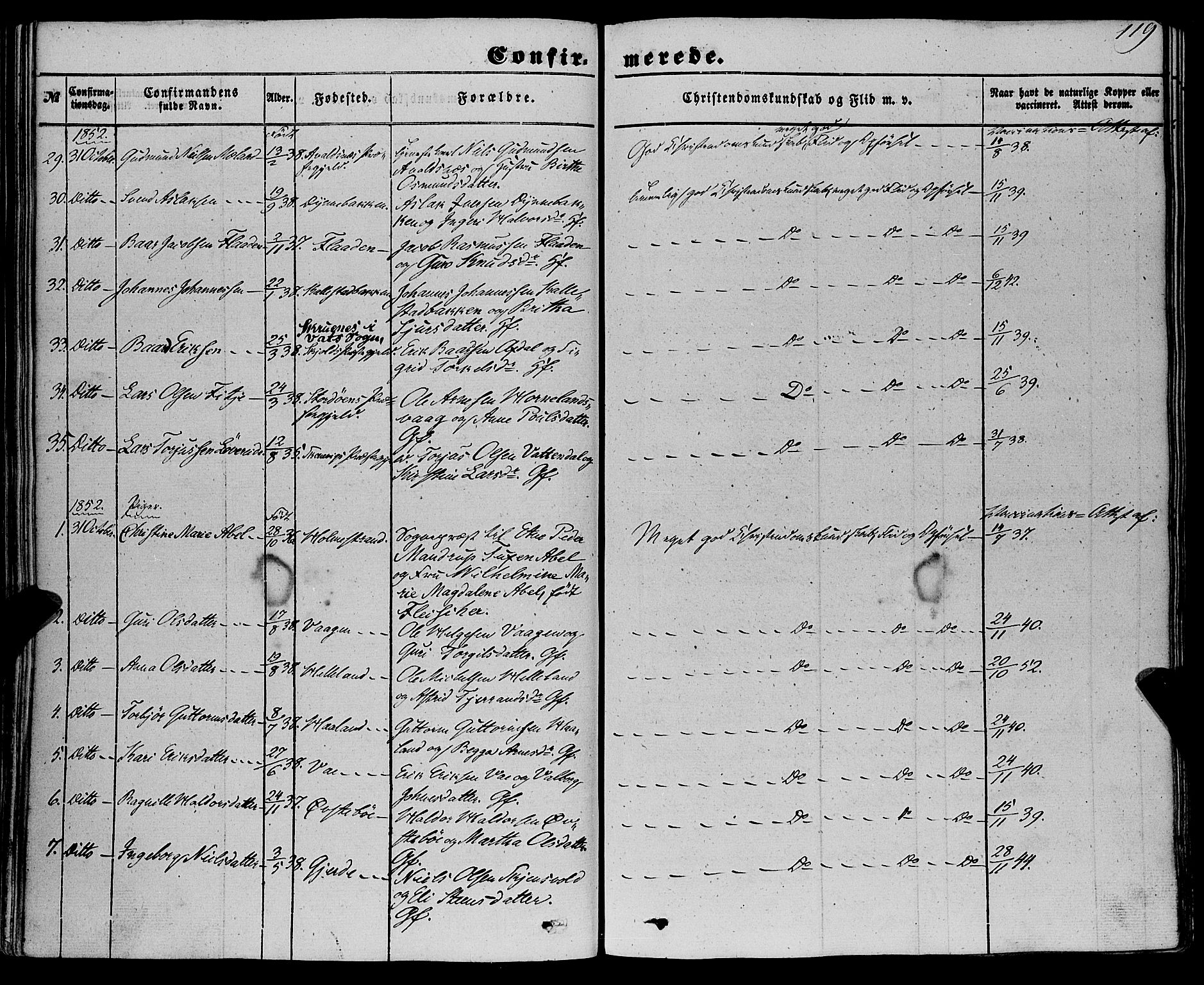 Etne sokneprestembete, AV/SAB-A-75001/H/Haa: Parish register (official) no. A 8, 1848-1862, p. 119