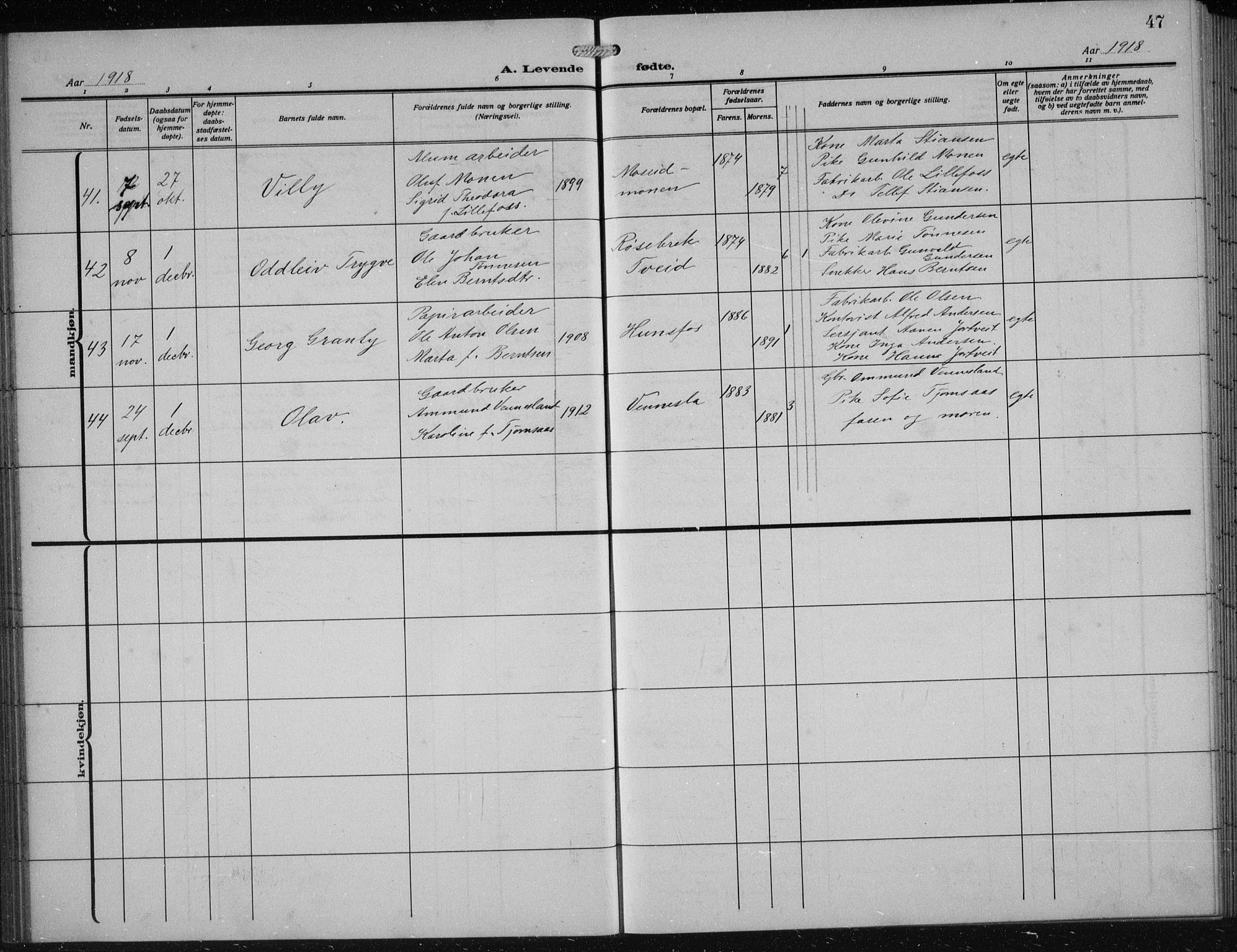 Vennesla sokneprestkontor, AV/SAK-1111-0045/Fb/Fbb/L0006: Parish register (copy) no. B 6, 1914-1921, p. 47