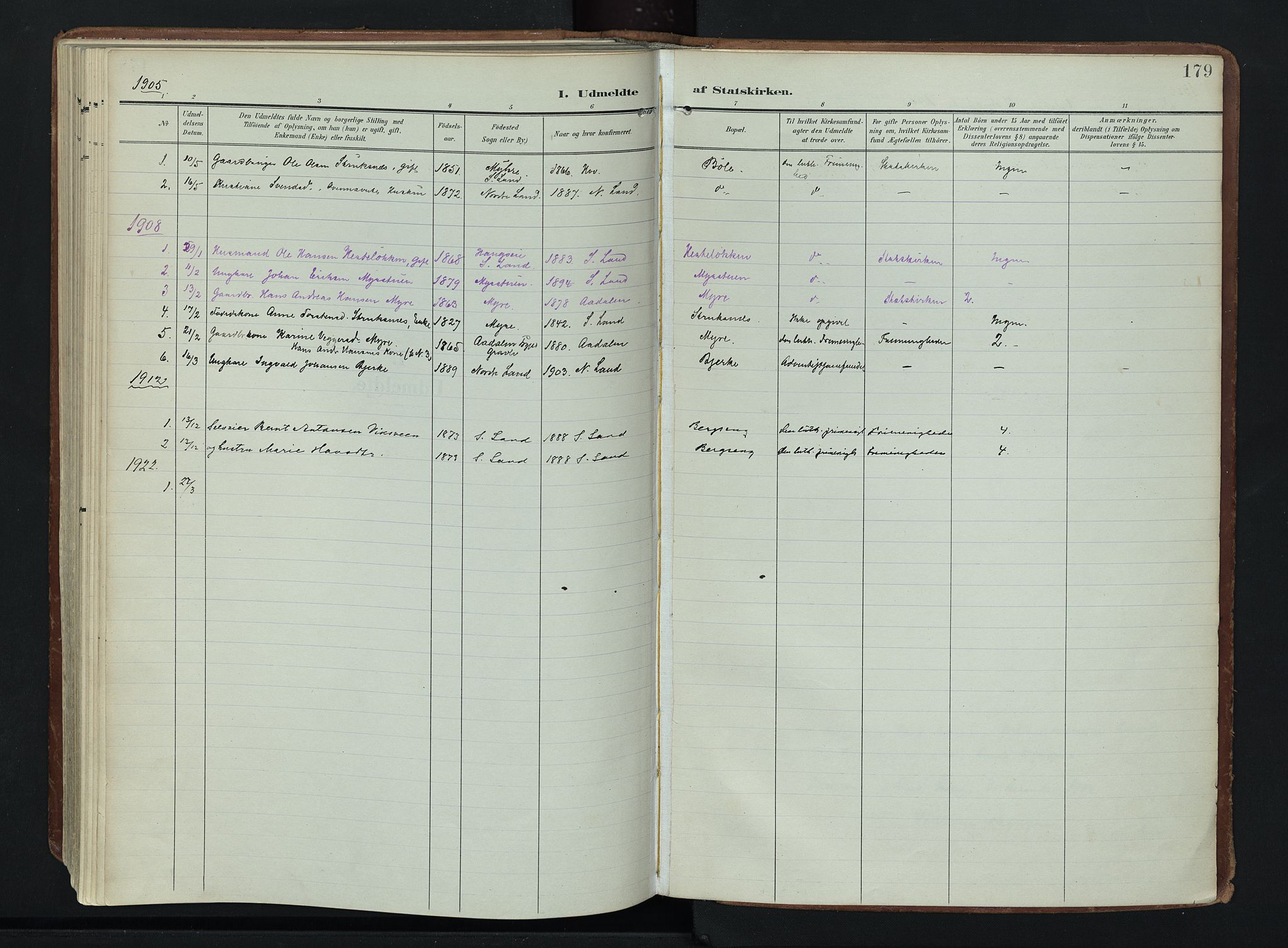 Søndre Land prestekontor, SAH/PREST-122/K/L0007: Parish register (official) no. 7, 1905-1914, p. 179