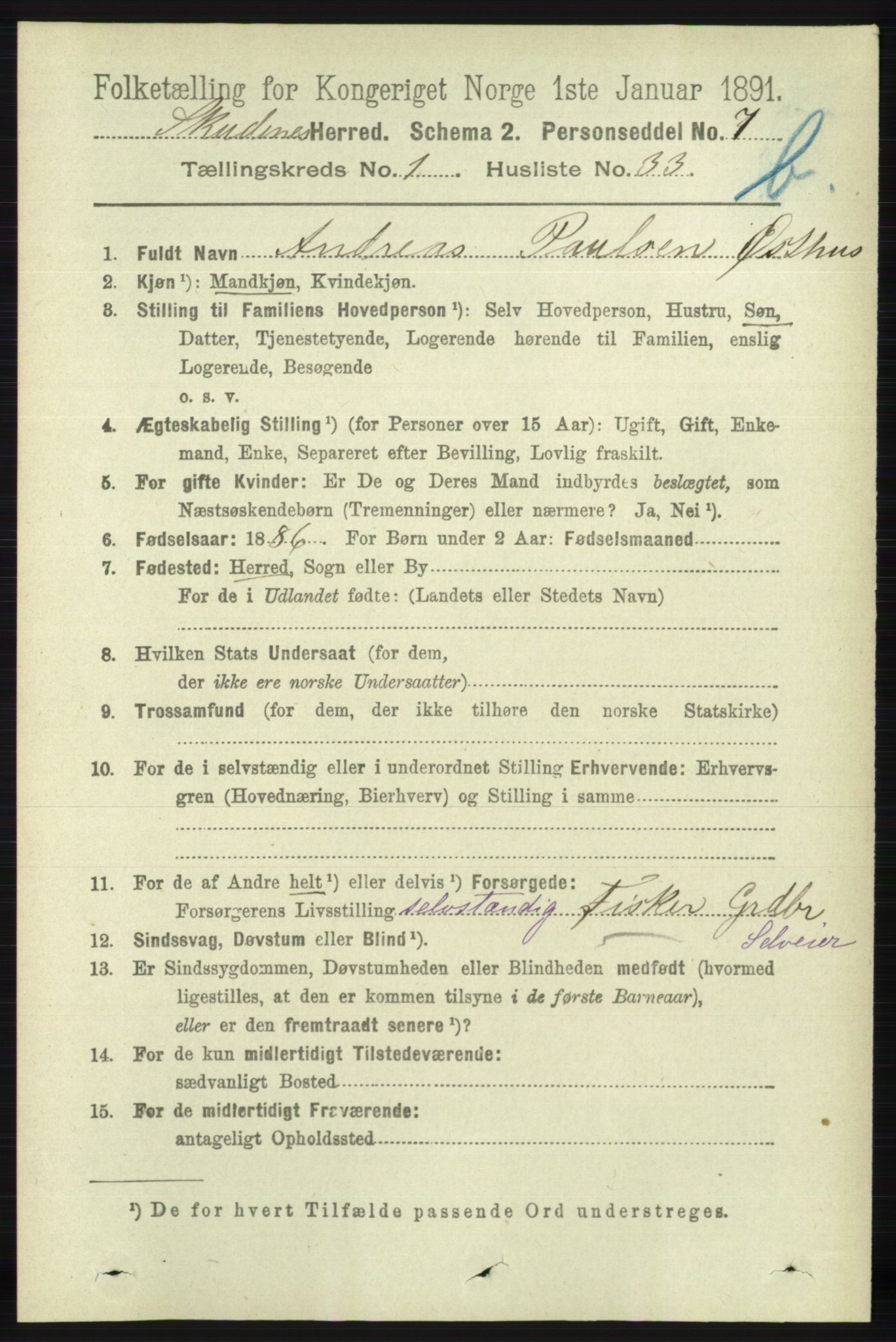 RA, 1891 census for 1150 Skudenes, 1891, p. 3588