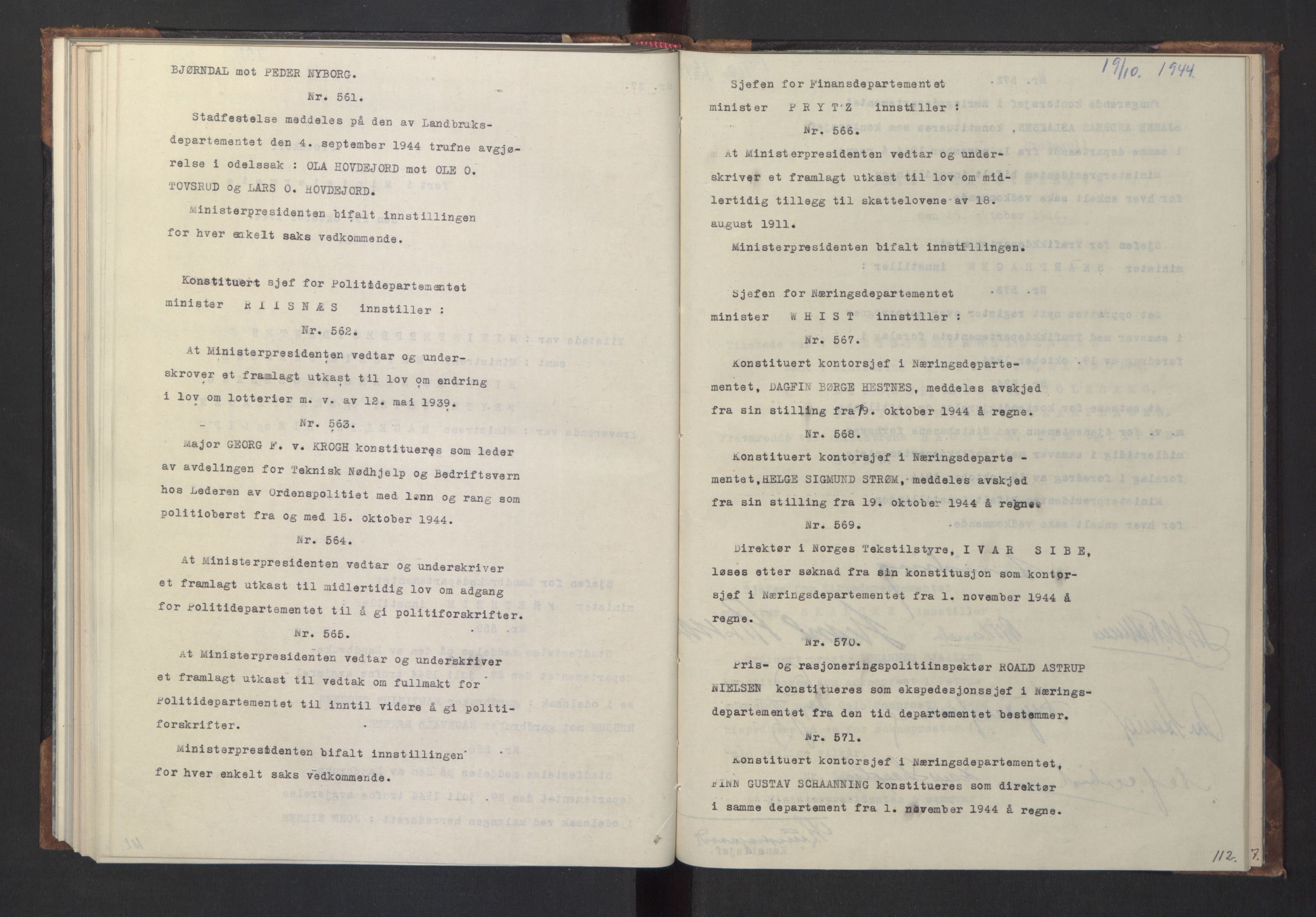 NS-administrasjonen 1940-1945 (Statsrådsekretariatet, de kommisariske statsråder mm), RA/S-4279/D/Da/L0005: Protokoll fra ministermøter, 1944, p. 114