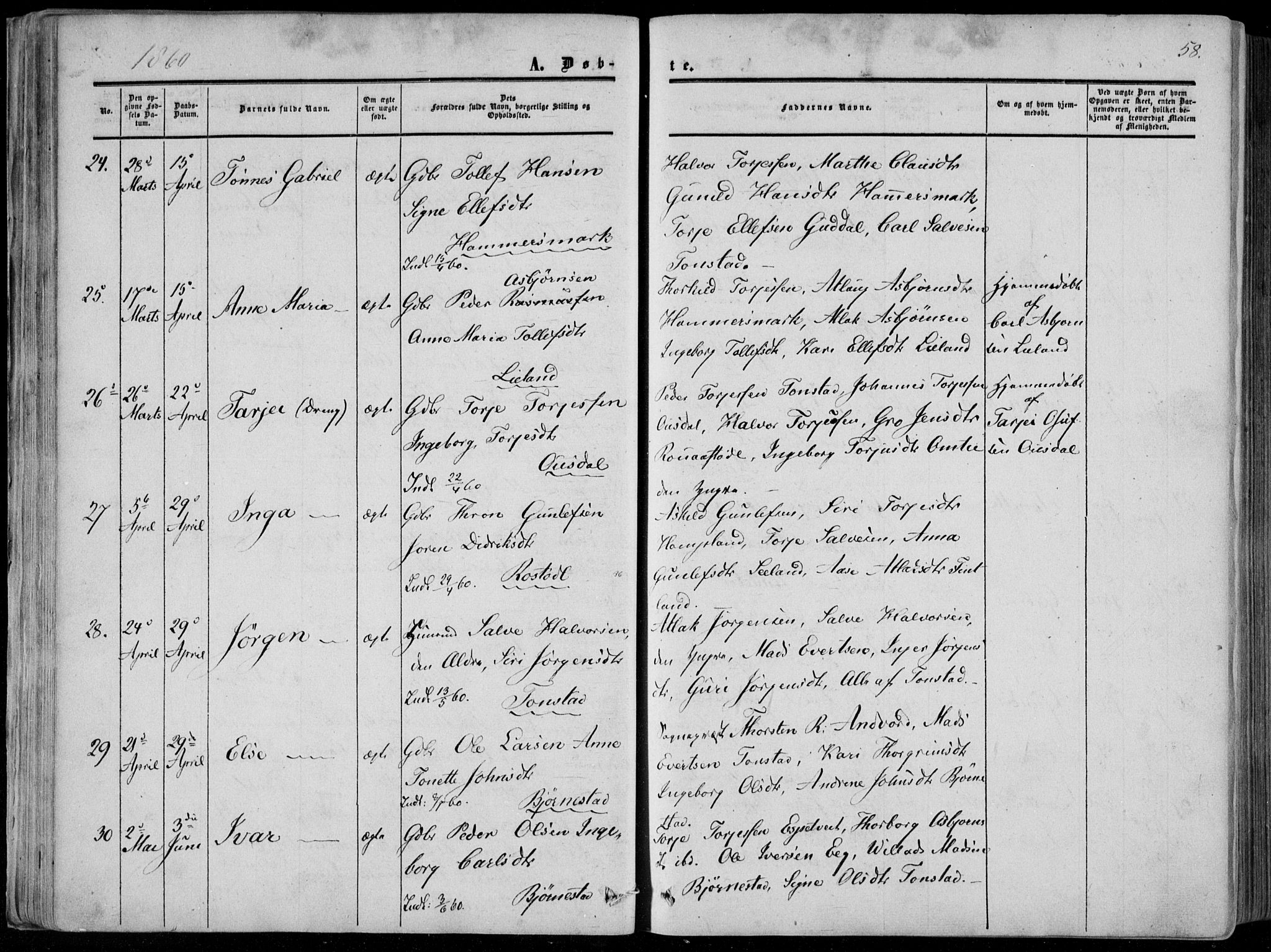 Sirdal sokneprestkontor, AV/SAK-1111-0036/F/Fa/Fab/L0002: Parish register (official) no. A 2, 1855-1874, p. 58