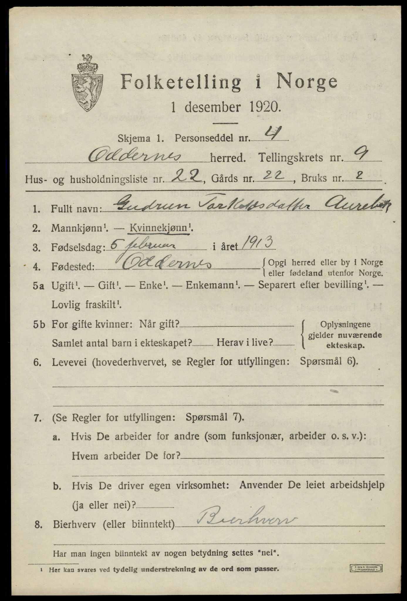 SAK, 1920 census for Oddernes, 1920, p. 6275