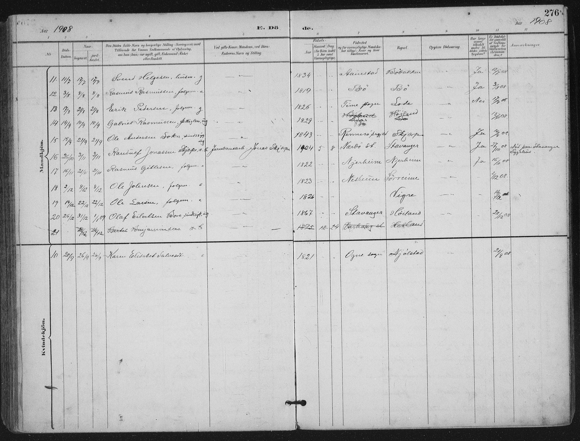 Hå sokneprestkontor, AV/SAST-A-101801/002/B/L0001: Parish register (official) no. A 11, 1897-1924, p. 276