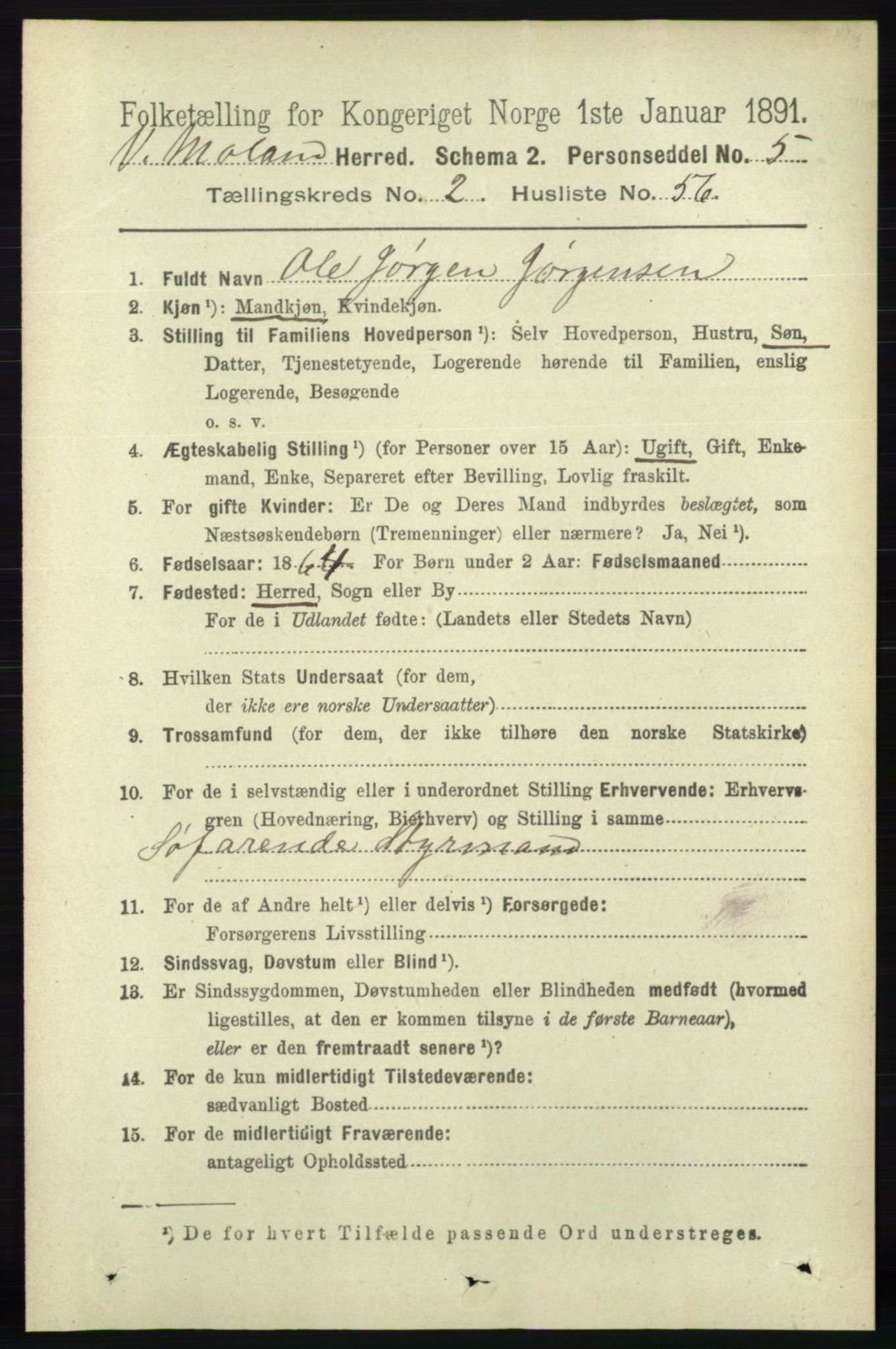 RA, 1891 census for 0926 Vestre Moland, 1891, p. 916