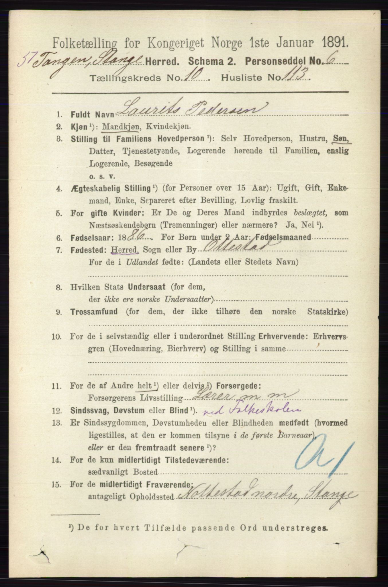 RA, 1891 census for 0417 Stange, 1891, p. 7425