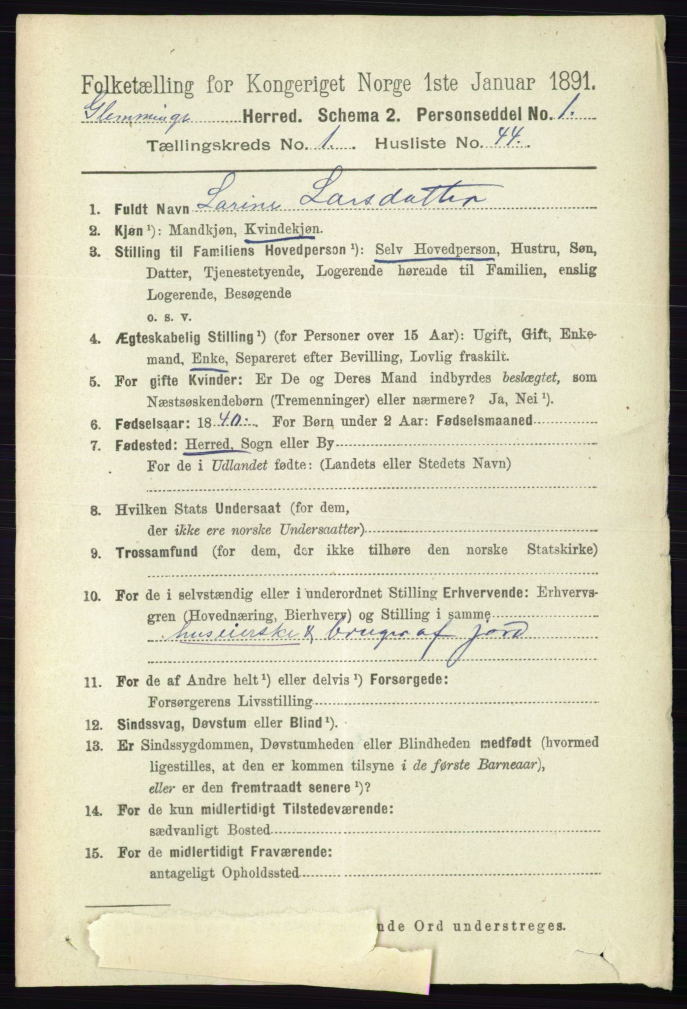 RA, 1891 census for 0132 Glemmen, 1891, p. 398