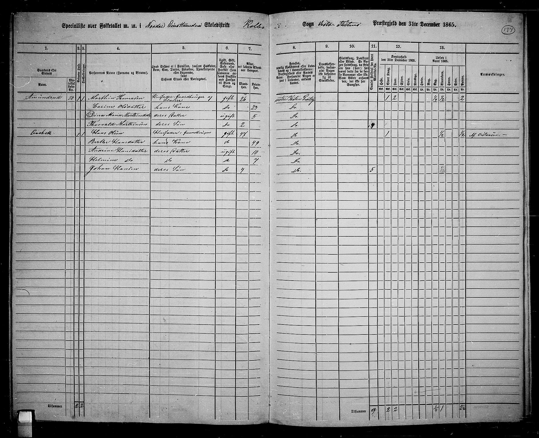 RA, 1865 census for Vestre Toten, 1865, p. 286