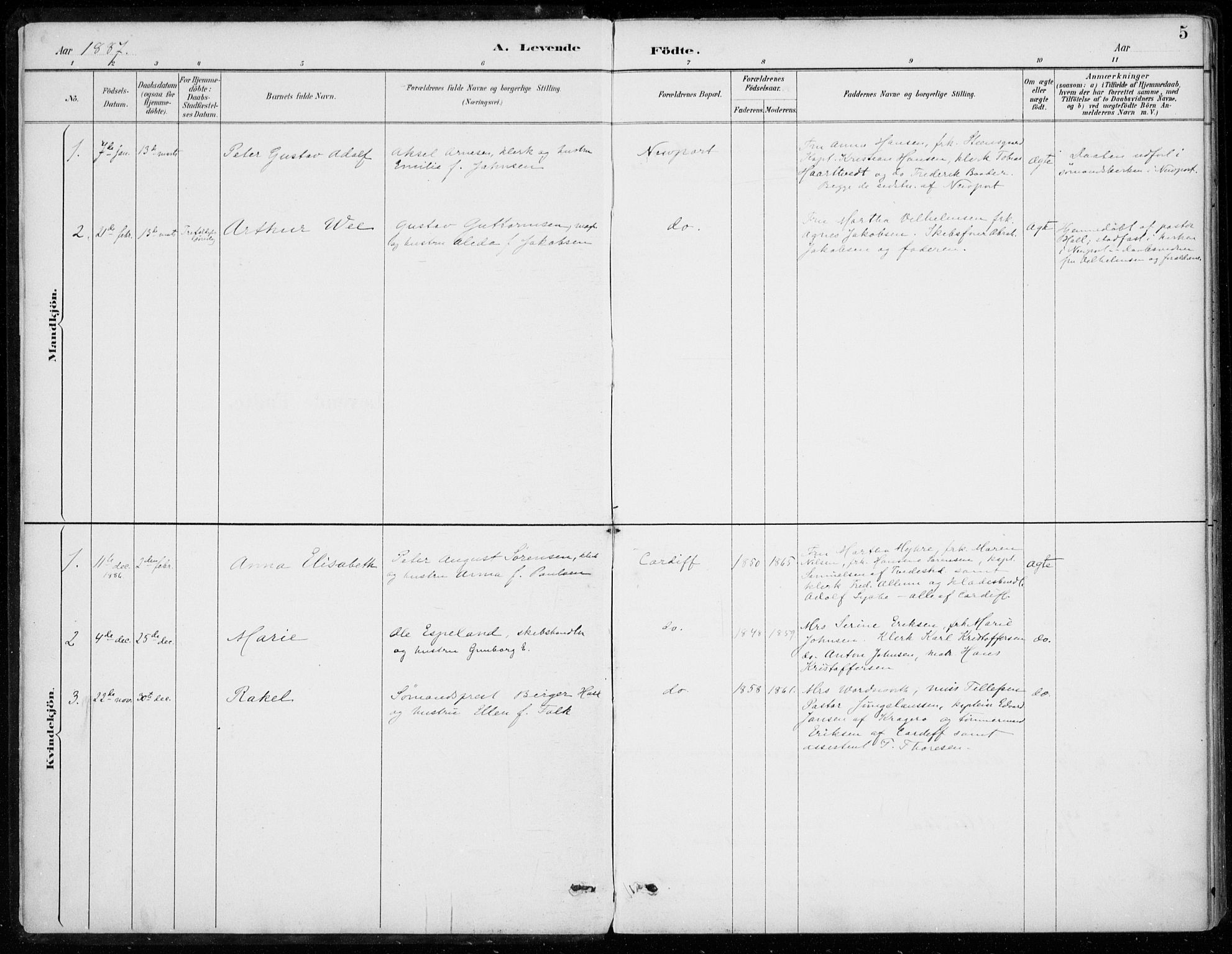 Den norske sjømannsmisjon i utlandet/Bristolhavnene(Cardiff-Swansea), SAB/SAB/PA-0102/H/Ha/Haa/L0002: Parish register (official) no. A 2, 1887-1932, p. 5
