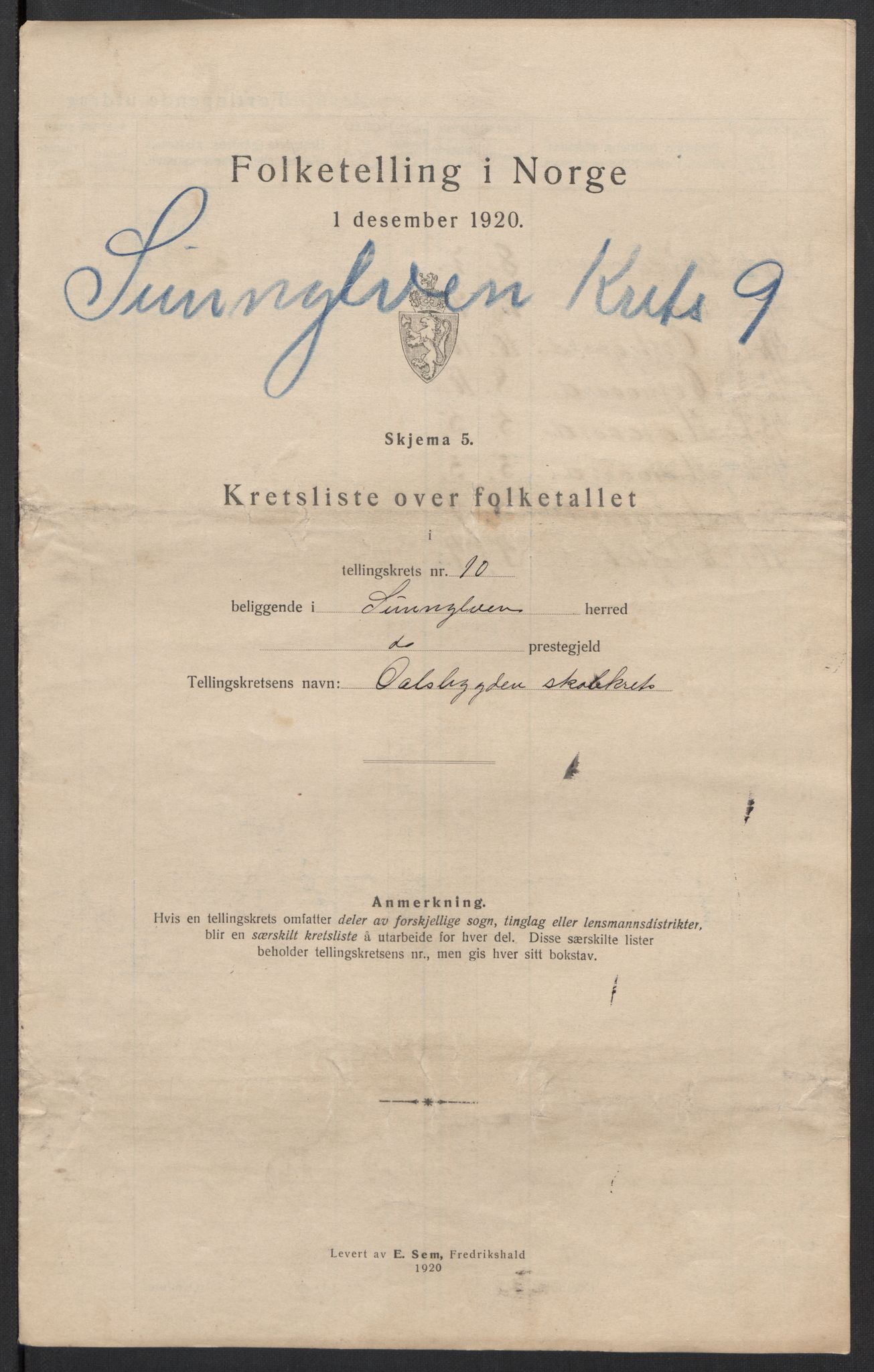 SAT, 1920 census for Sunnylven, 1920, p. 44