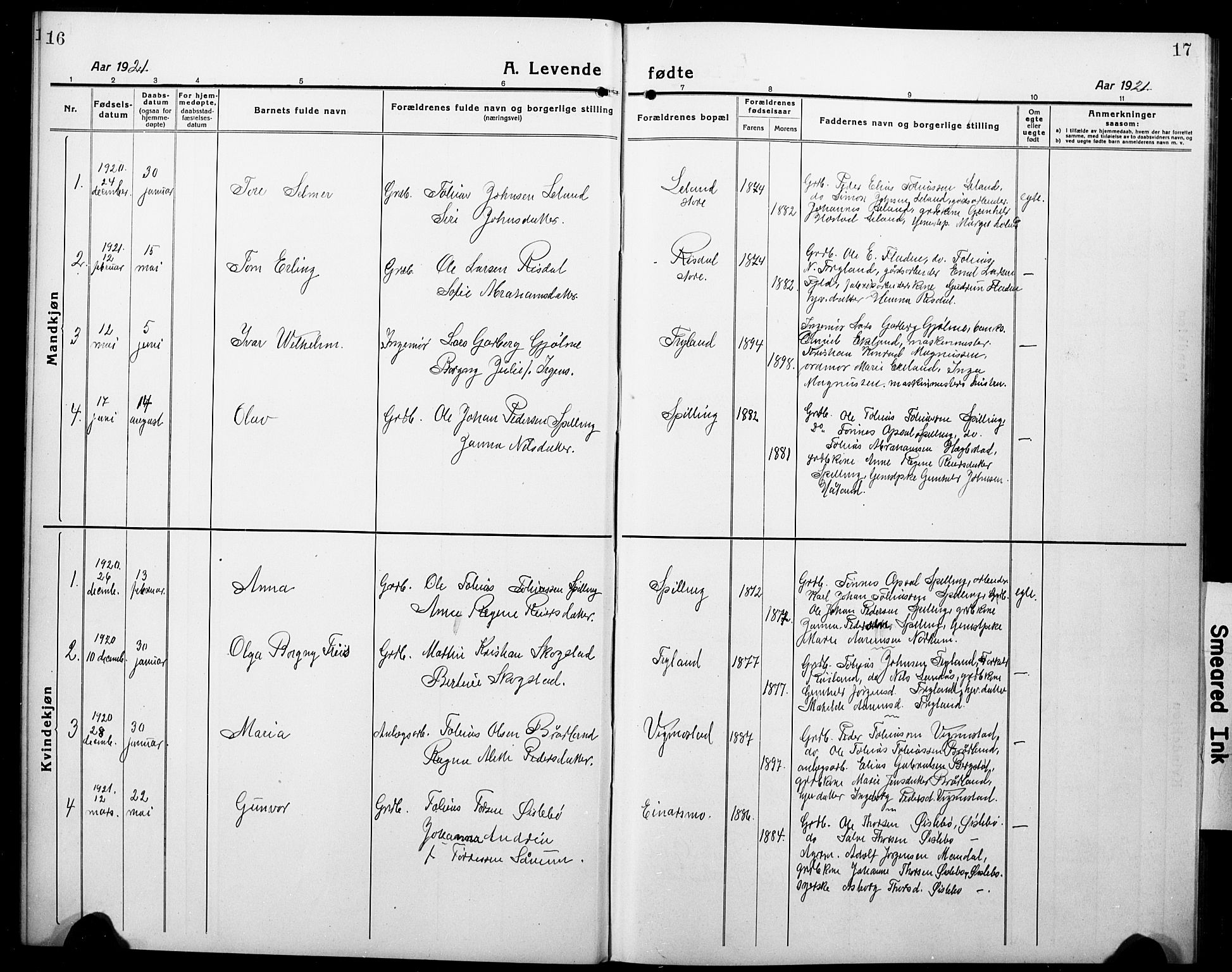 Nord-Audnedal sokneprestkontor, SAK/1111-0032/F/Fb/Fbb/L0005: Parish register (copy) no. B 5, 1918-1929, p. 16-17