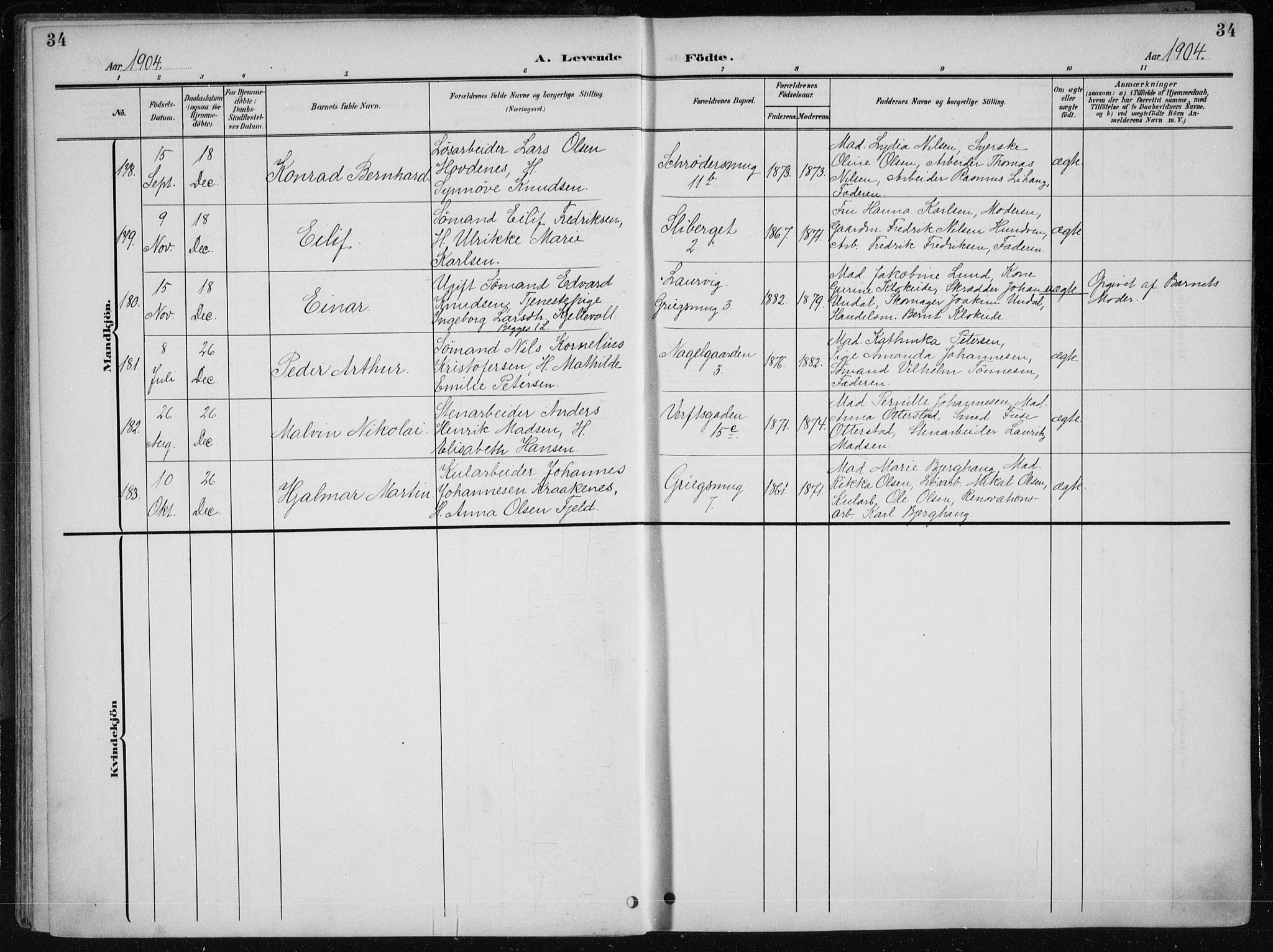 Nykirken Sokneprestembete, AV/SAB-A-77101/H/Haa/L0019: Parish register (official) no. B 7, 1904-1916, p. 34
