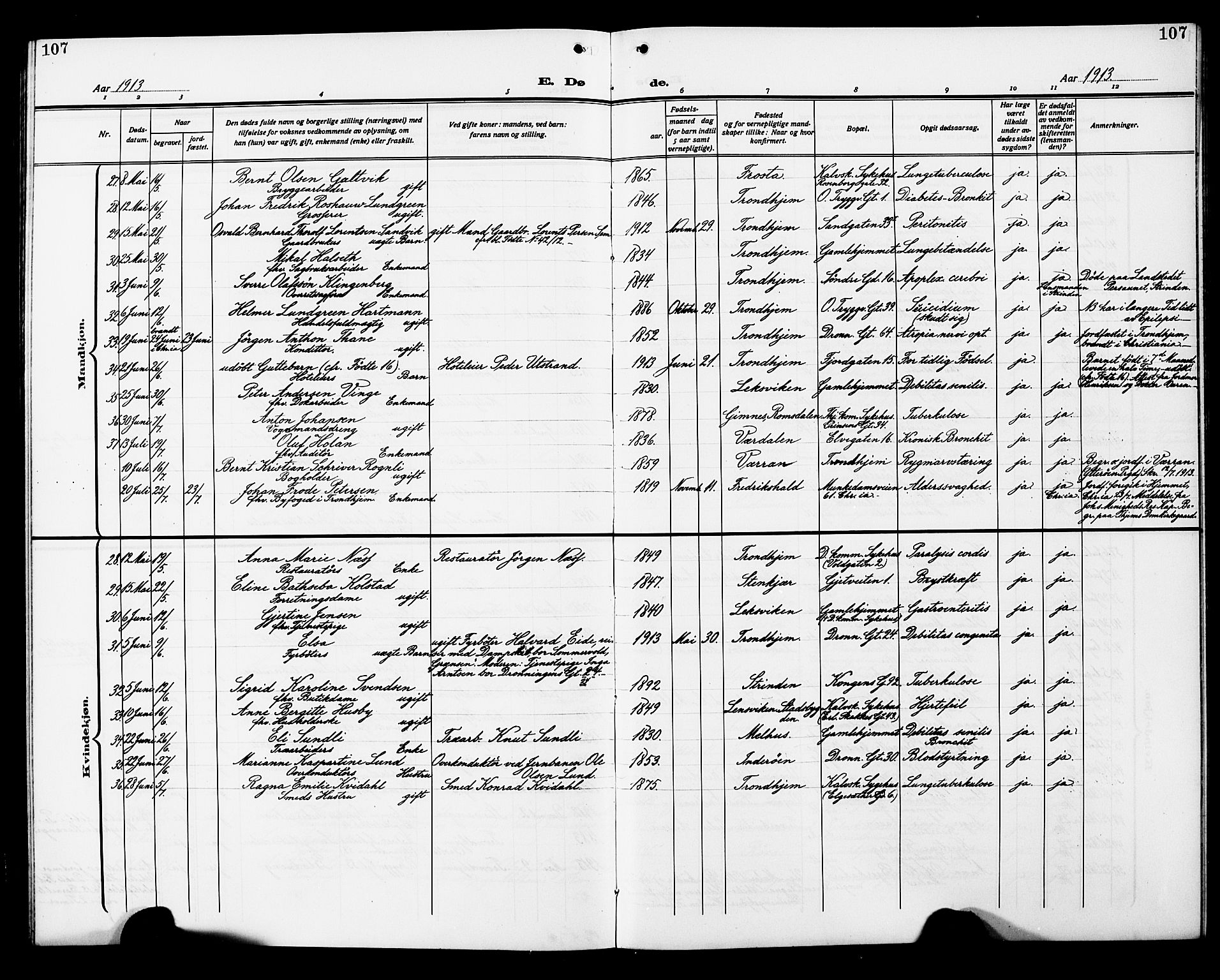 Ministerialprotokoller, klokkerbøker og fødselsregistre - Sør-Trøndelag, AV/SAT-A-1456/602/L0147: Parish register (copy) no. 602C15, 1911-1924, p. 107