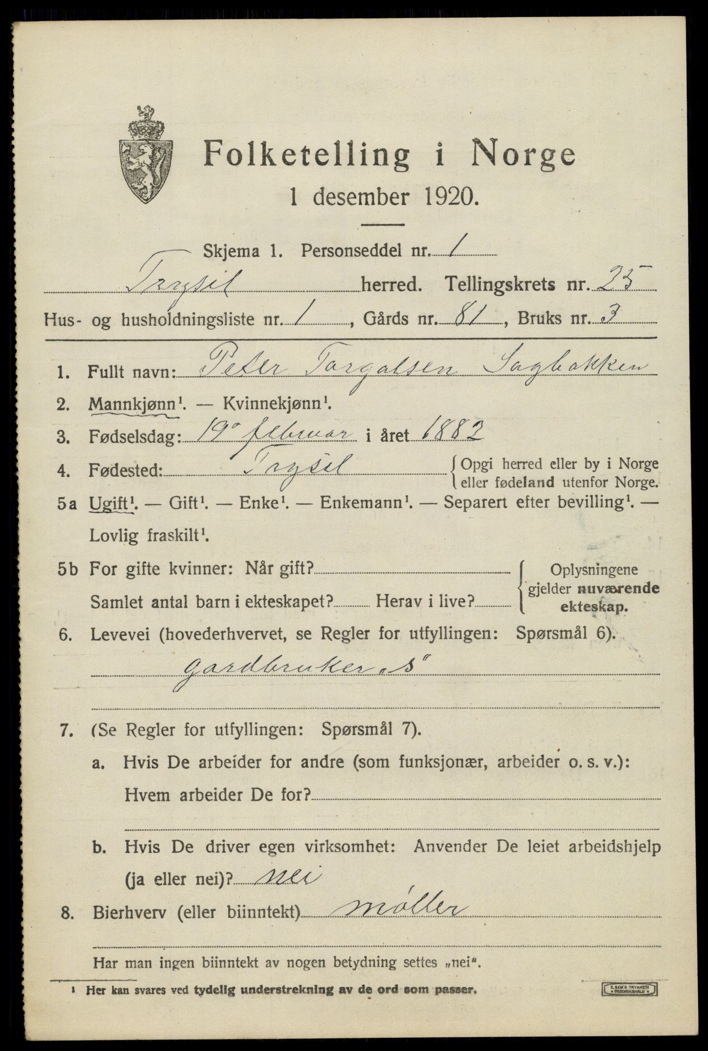 SAH, 1920 census for Trysil, 1920, p. 15691