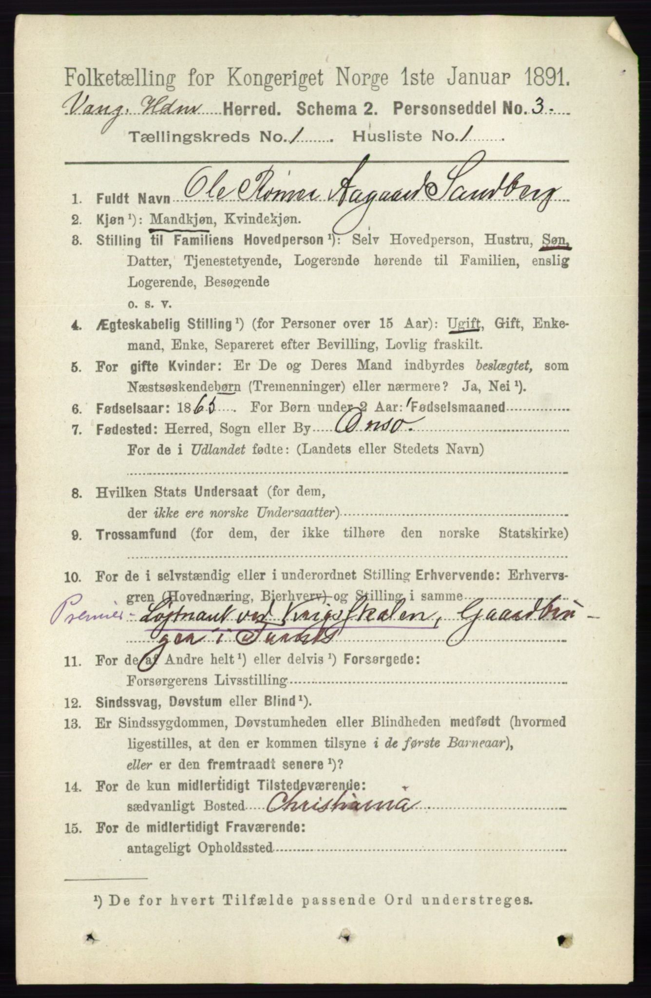 RA, 1891 census for 0414 Vang, 1891, p. 174