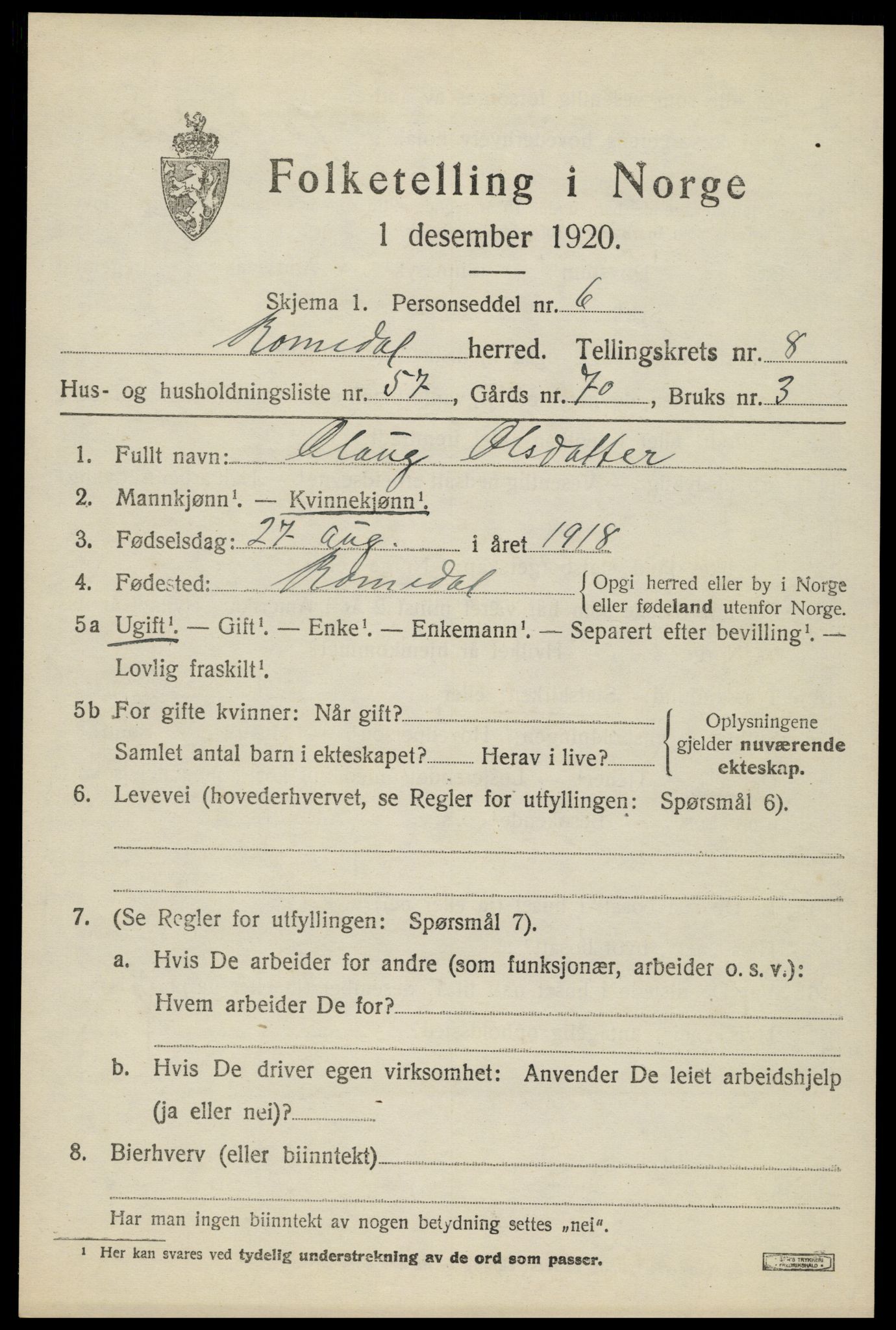 SAH, 1920 census for Romedal, 1920, p. 10351