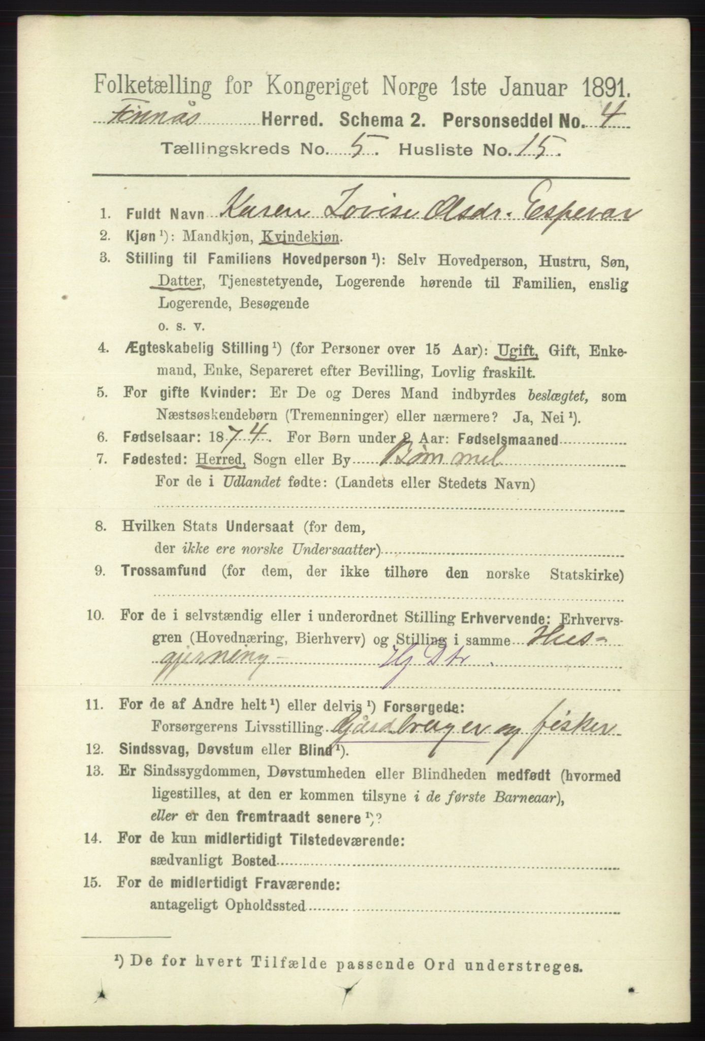 RA, 1891 census for 1218 Finnås, 1891, p. 2306