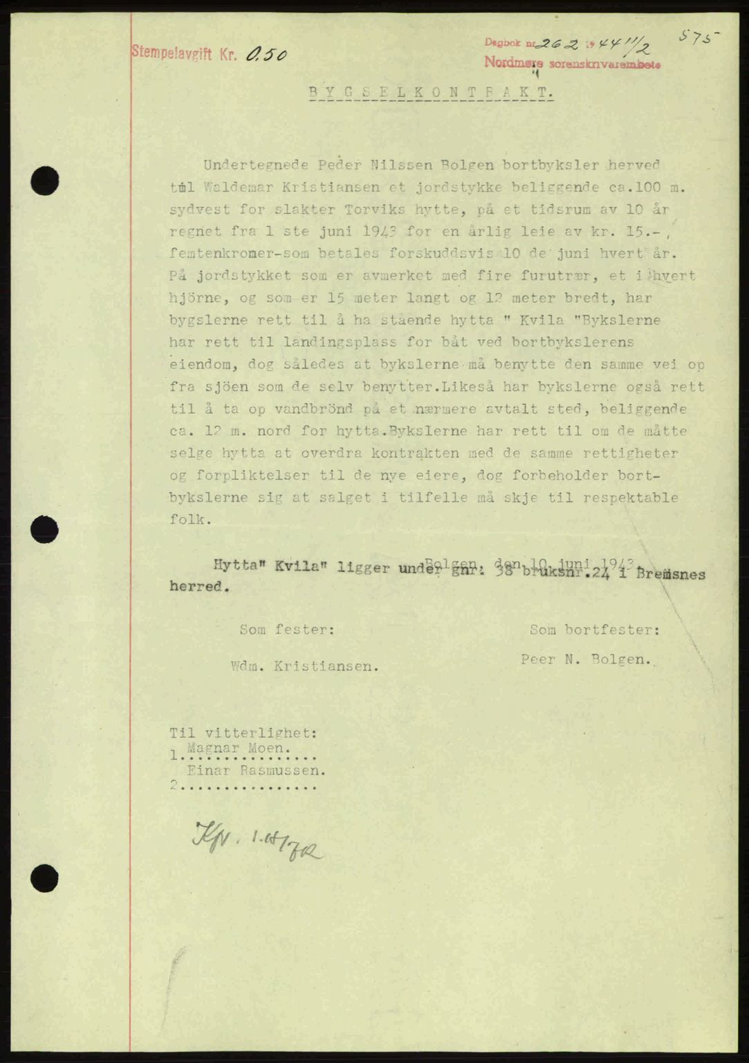 Nordmøre sorenskriveri, AV/SAT-A-4132/1/2/2Ca: Mortgage book no. B91, 1943-1944, Diary no: : 262/1944