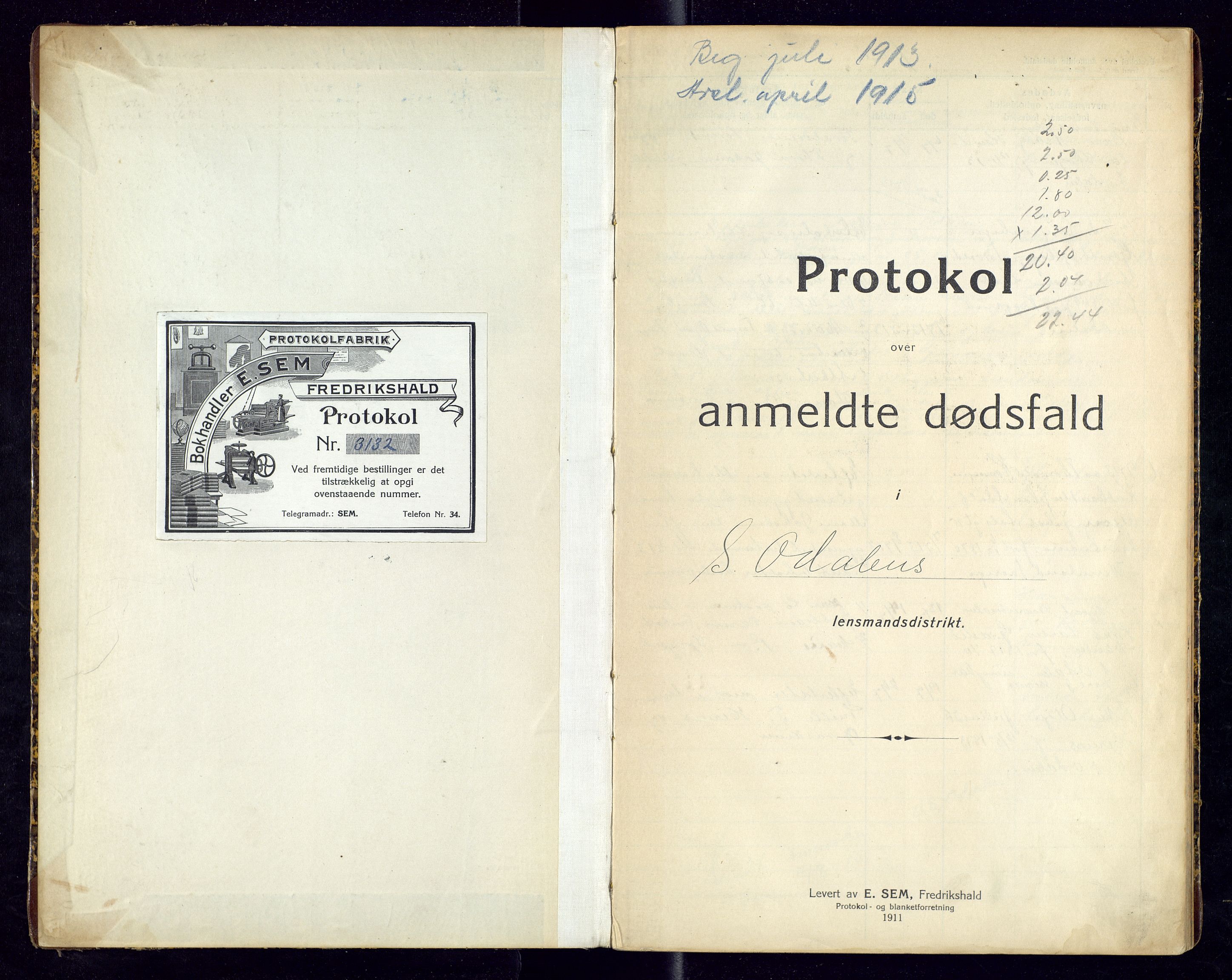 Sør-Odal lensmannskontor, AV/SAH-LHS-022/H/Hb/L0002/0001: Protokoller over anmeldte dødsfall / Protokoll over anmeldte dødsfall, 1913-1915