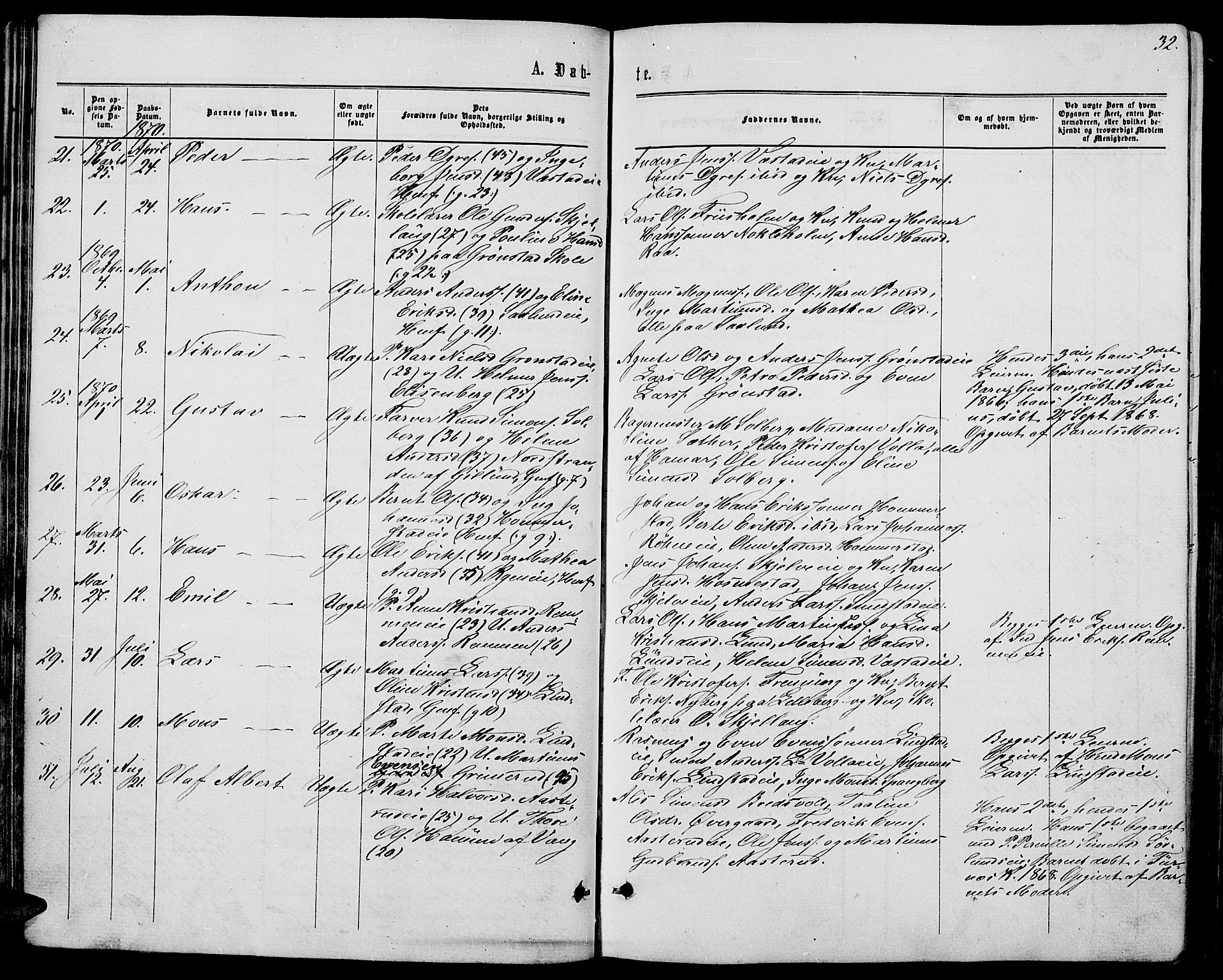 Stange prestekontor, AV/SAH-PREST-002/L/L0006: Parish register (copy) no. 6, 1864-1882, p. 32