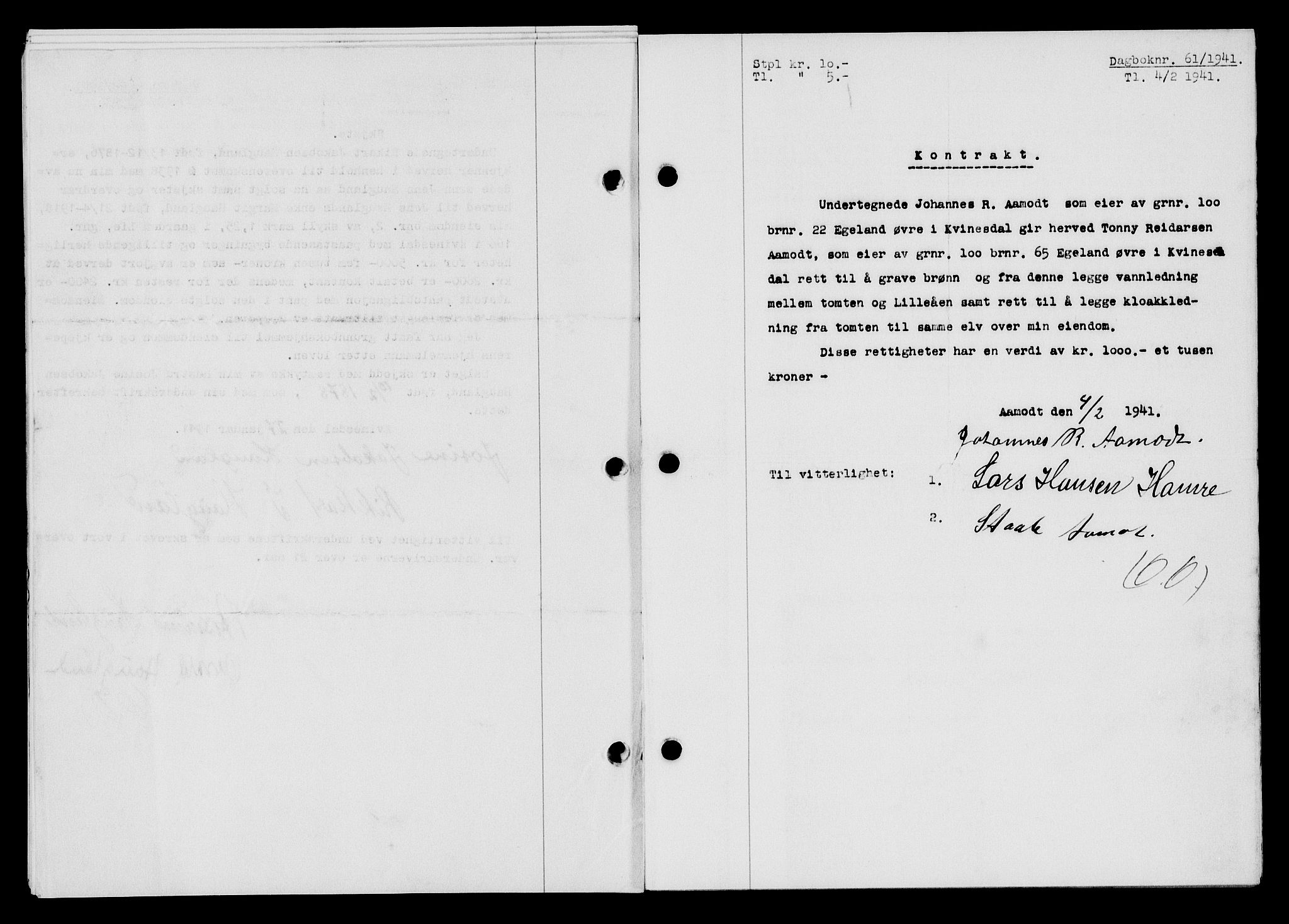 Flekkefjord sorenskriveri, AV/SAK-1221-0001/G/Gb/Gba/L0056: Mortgage book no. A-4, 1940-1941, Diary no: : 61/1941