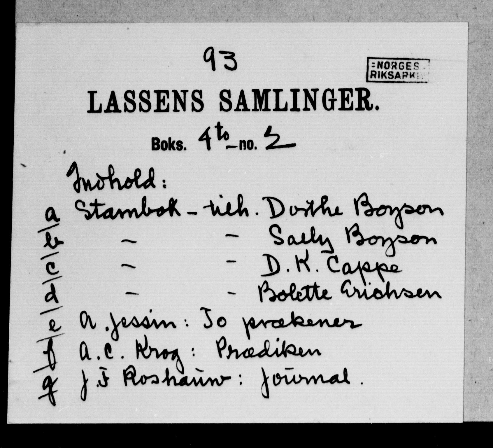 Lassens samlinger, AV/RA-PA-0051/G/L0093: Stambøker m.m., 1764-1867, p. 1