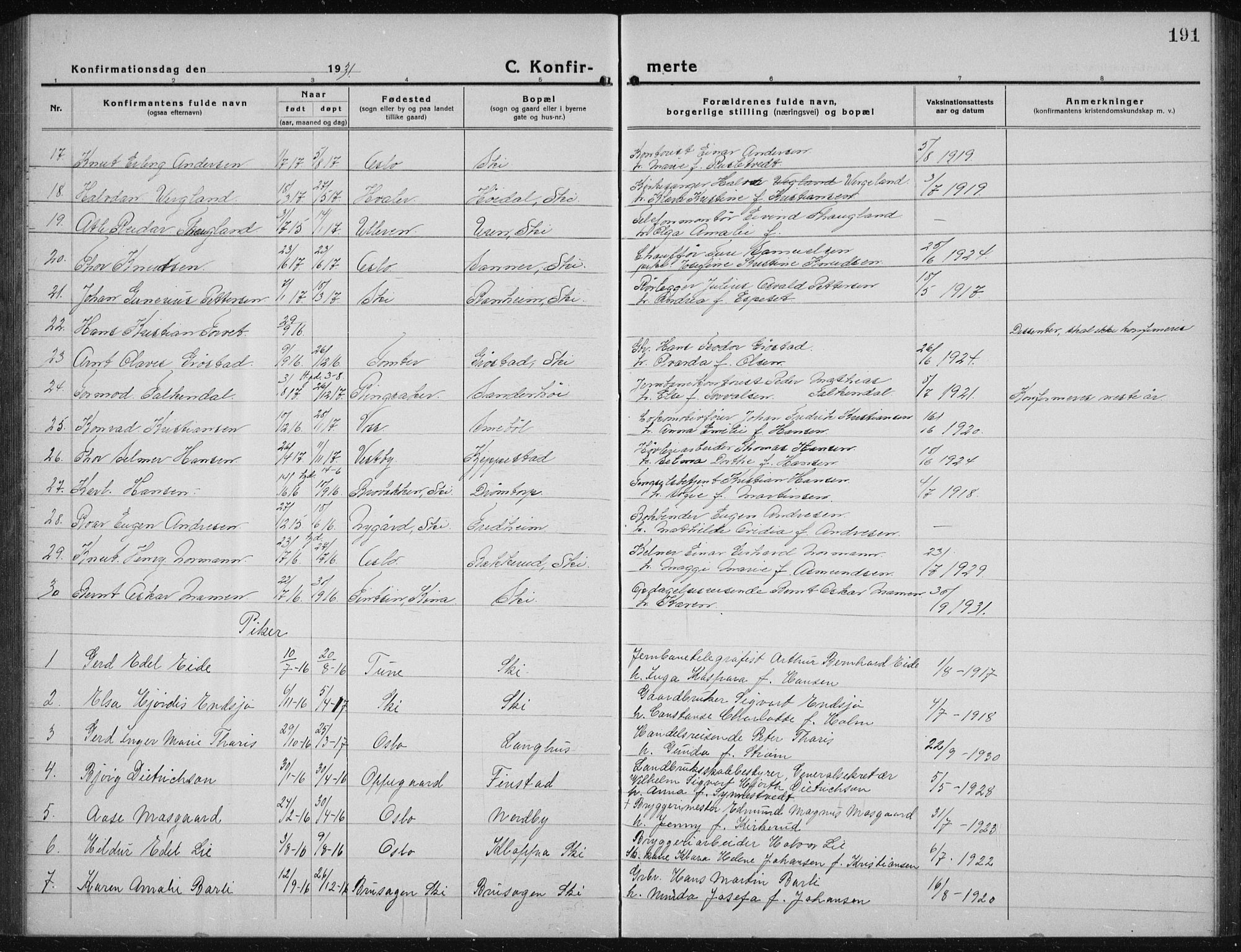 Kråkstad prestekontor Kirkebøker, SAO/A-10125a/G/Gb/L0002: Parish register (copy) no. II 2, 1921-1941, p. 191