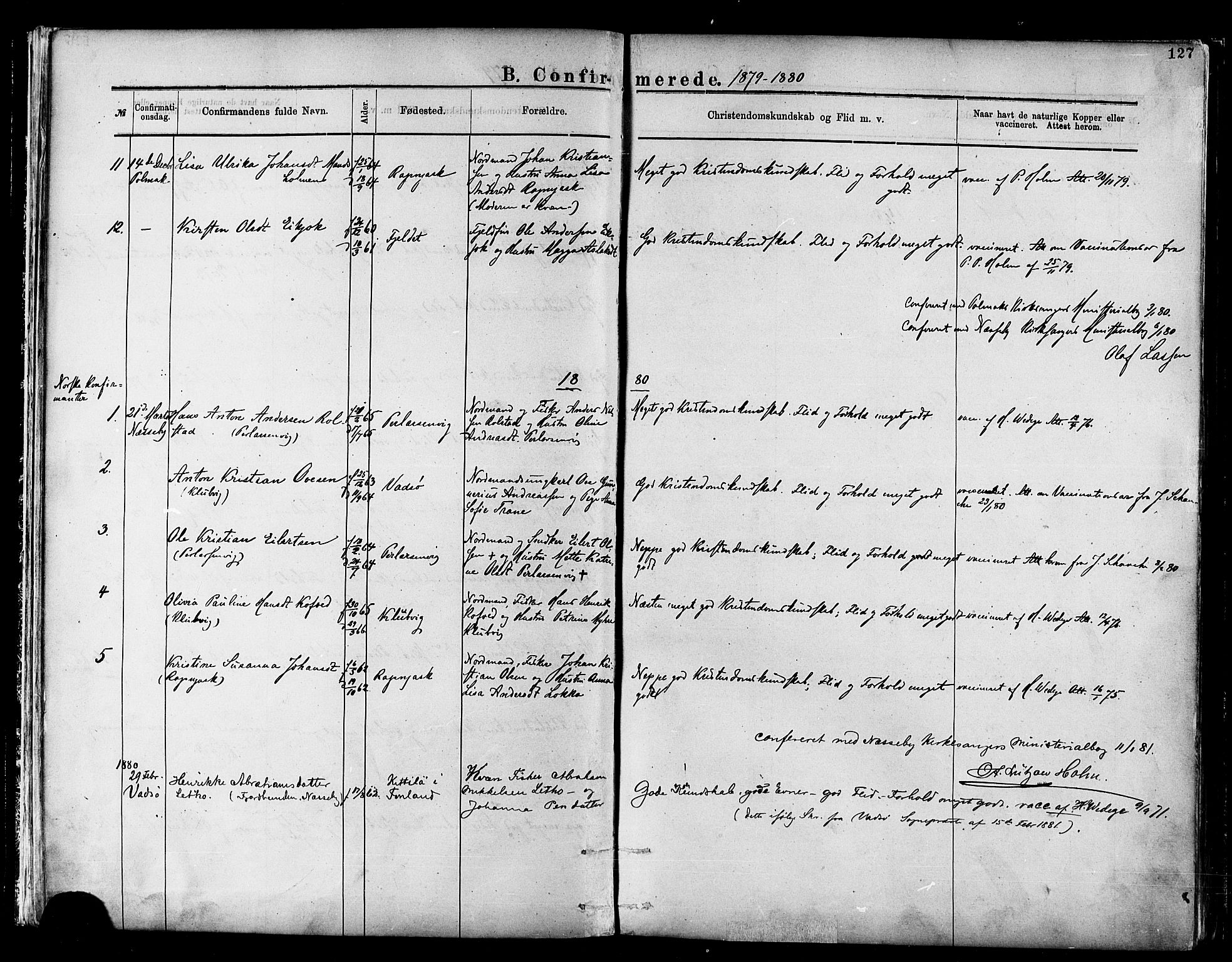 Nesseby sokneprestkontor, AV/SATØ-S-1330/H/Ha/L0004kirke: Parish register (official) no. 4, 1877-1884, p. 127