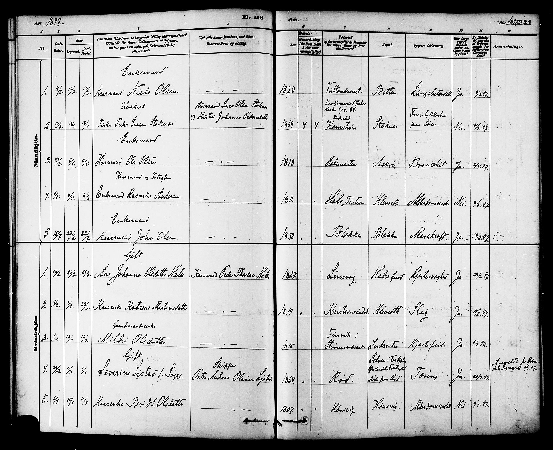 Ministerialprotokoller, klokkerbøker og fødselsregistre - Møre og Romsdal, SAT/A-1454/576/L0885: Parish register (official) no. 576A03, 1880-1898, p. 231