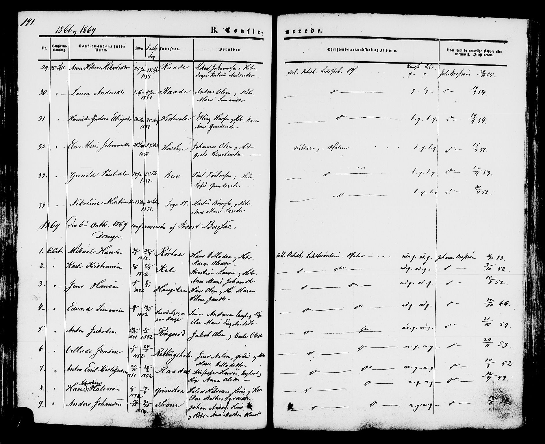 Råde prestekontor kirkebøker, AV/SAO-A-2009/F/Fa/L0006: Parish register (official) no. 6, 1854-1877, p. 191