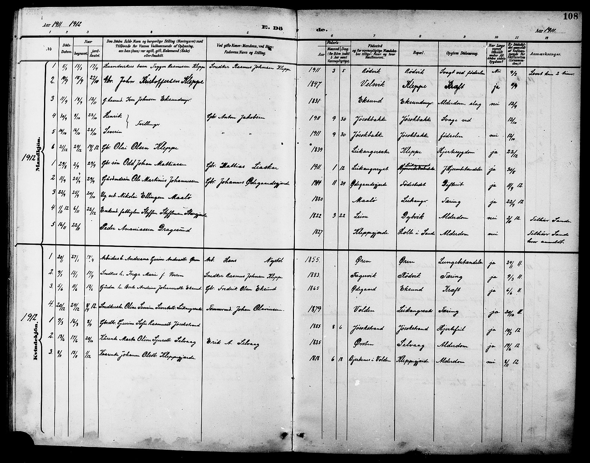 Ministerialprotokoller, klokkerbøker og fødselsregistre - Møre og Romsdal, AV/SAT-A-1454/508/L0098: Parish register (copy) no. 508C02, 1898-1916, p. 108