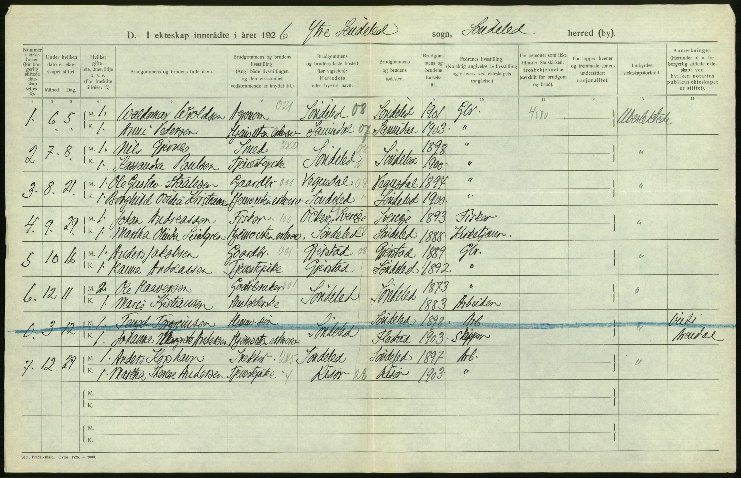 Statistisk sentralbyrå, Sosiodemografiske emner, Befolkning, AV/RA-S-2228/D/Df/Dfc/Dfcf/L0021: Aust-Agder fylke: Levendefødte menn og kvinner, gifte, døde, dødfødte. Bygder og byer., 1926, p. 390