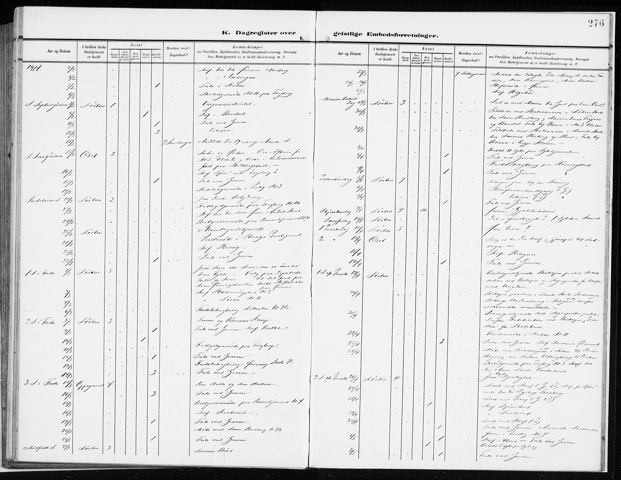 Løten prestekontor, AV/SAH-PREST-022/K/Ka/L0011: Parish register (official) no. 11, 1908-1917, p. 276