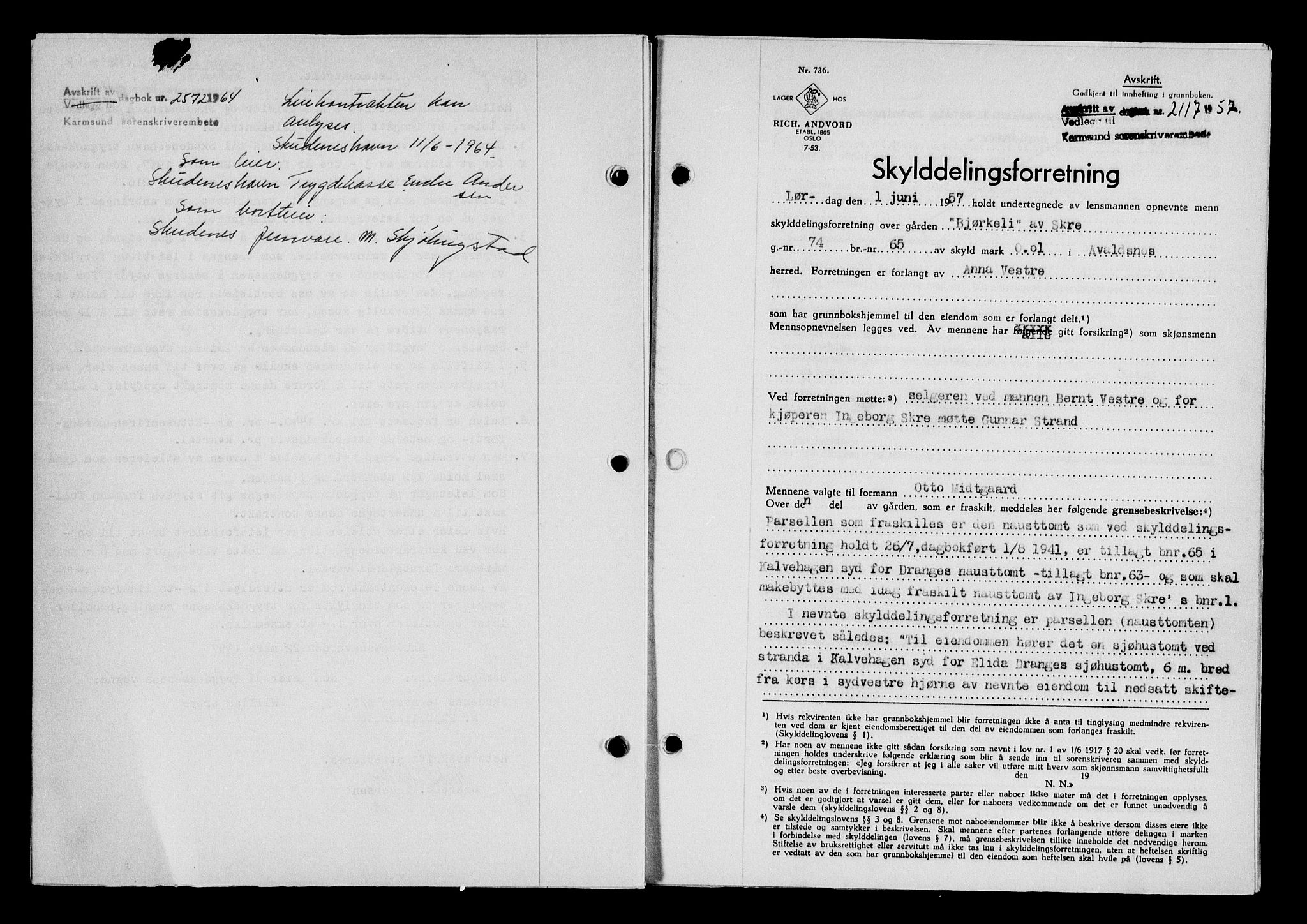 Karmsund sorenskriveri, SAST/A-100311/01/II/IIB/L0125: Mortgage book no. 105A, 1957-1957, Diary no: : 2117/1957
