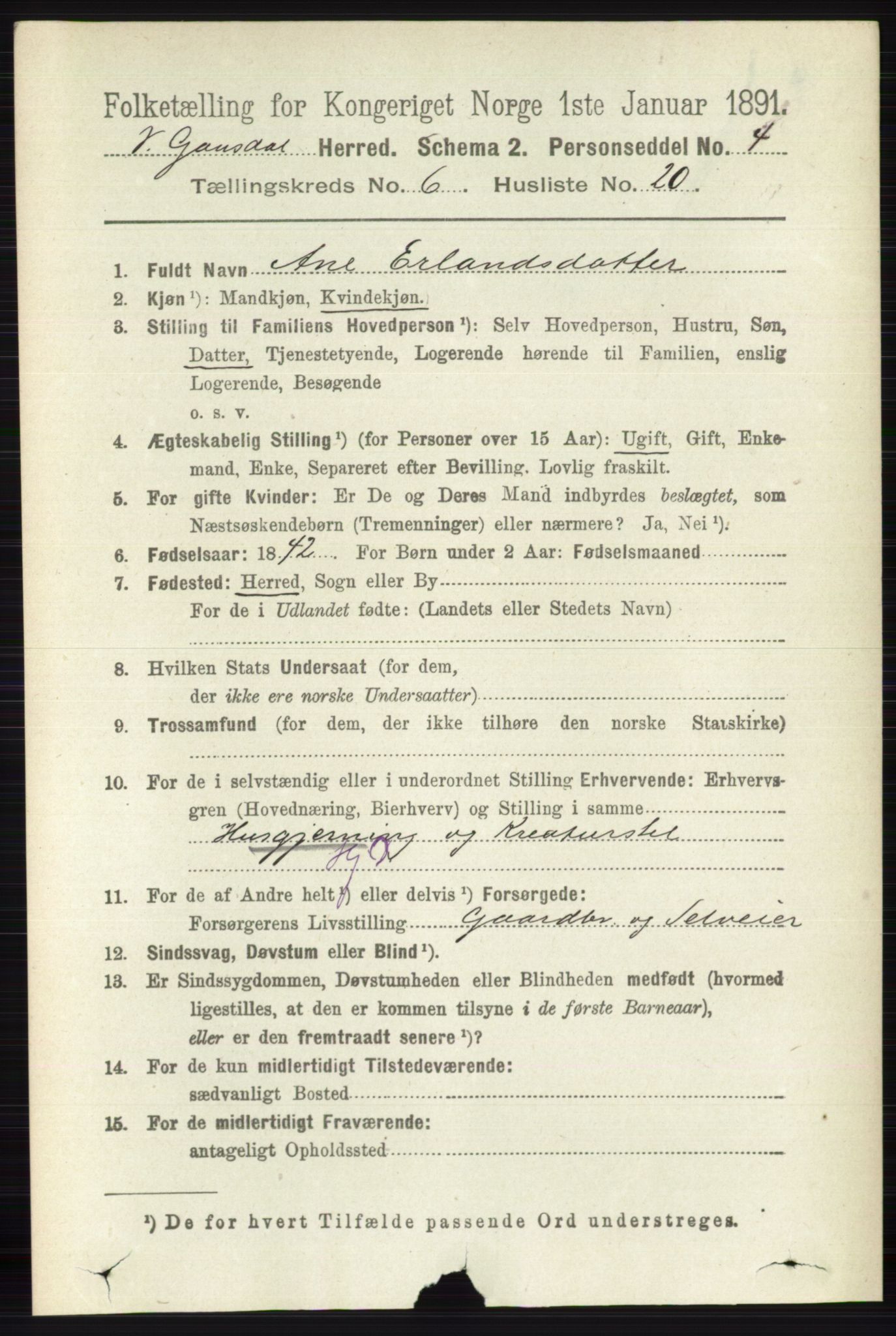 RA, 1891 census for 0523 Vestre Gausdal, 1891, p. 2673