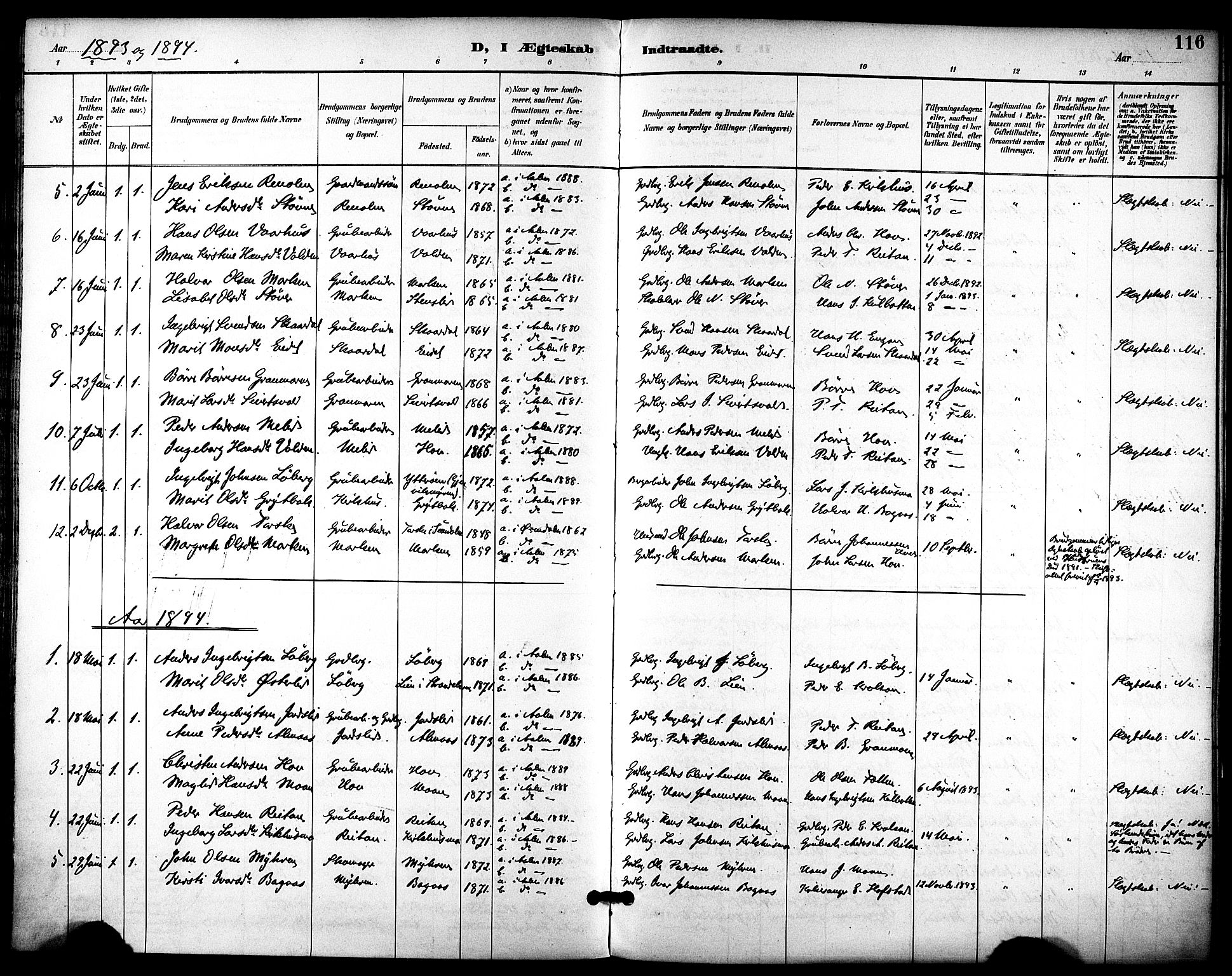 Ministerialprotokoller, klokkerbøker og fødselsregistre - Sør-Trøndelag, SAT/A-1456/686/L0984: Parish register (official) no. 686A02, 1891-1906, p. 116