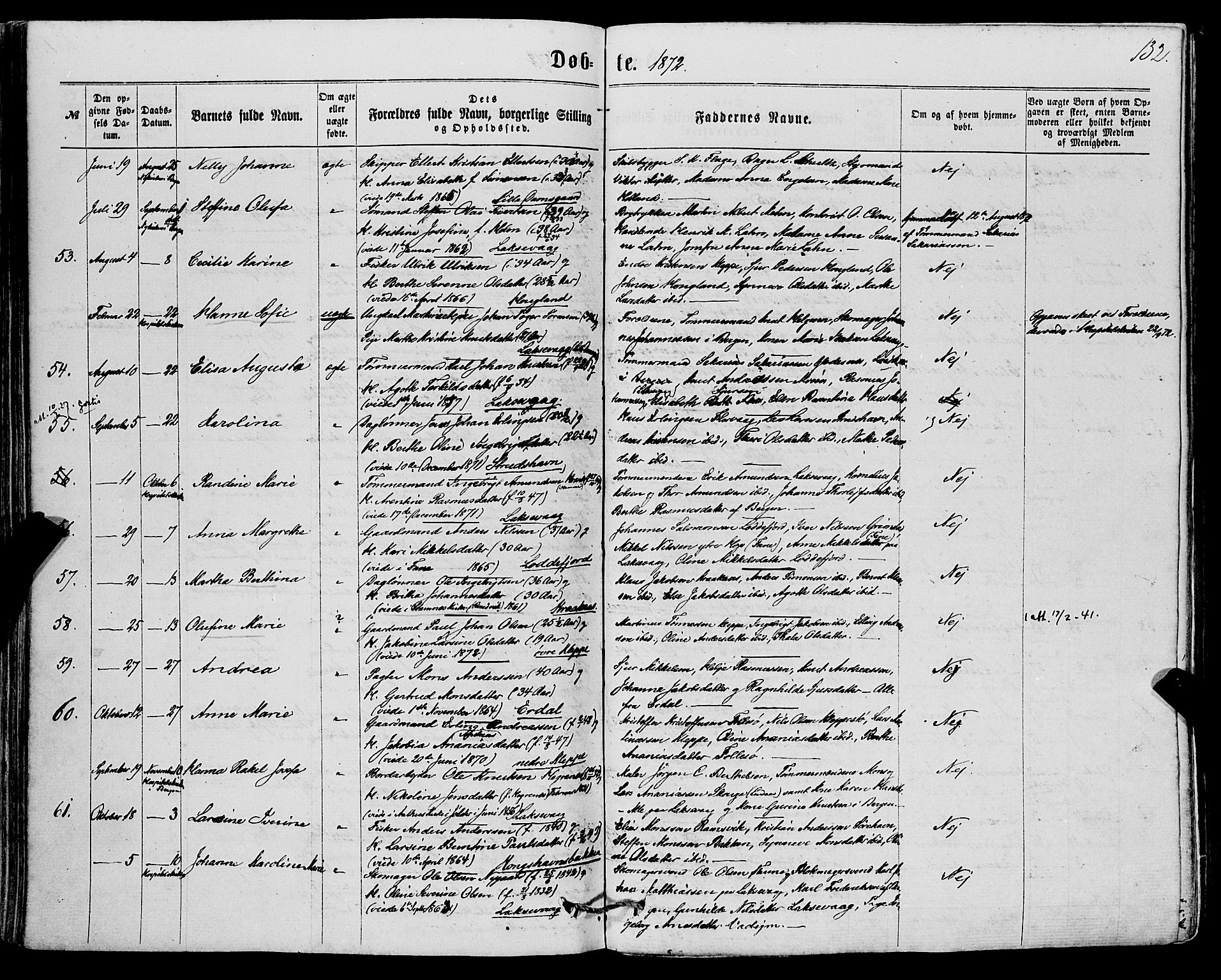 Askøy Sokneprestembete, AV/SAB-A-74101/H/Ha/Haa/Haaa/L0009: Parish register (official) no. A 9, 1863-1877, p. 132