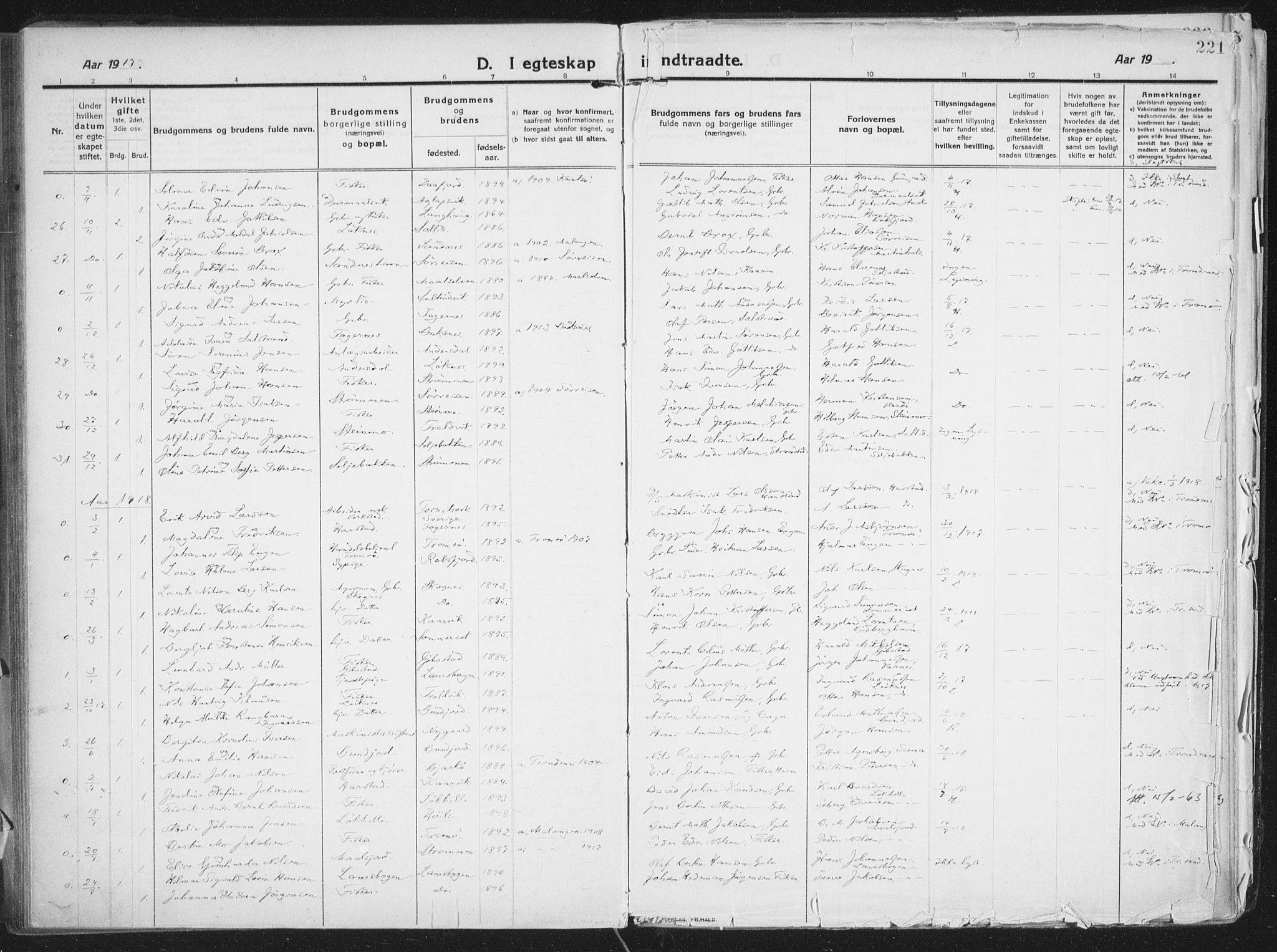 Lenvik sokneprestembete, AV/SATØ-S-1310/H/Ha/Haa/L0016kirke: Parish register (official) no. 16, 1910-1924, p. 221