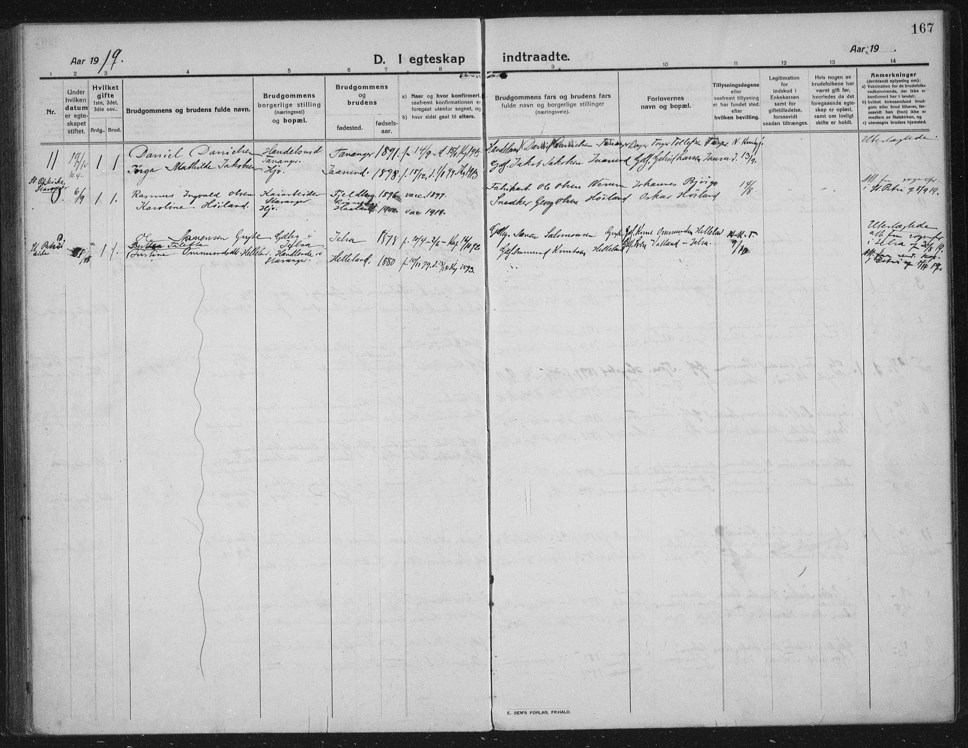 Håland sokneprestkontor, SAST/A-101802/002/C/L0001: Parish register (official) no. A 14, 1913-1927, p. 167